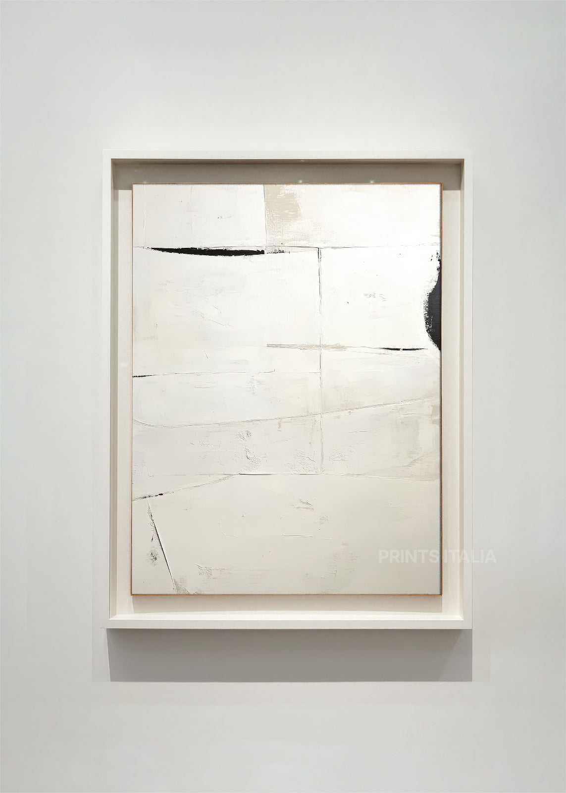 framed white minimalist abstract art print with subtle tonal layers and delicate incised lines, displayed in a modern gallery setting