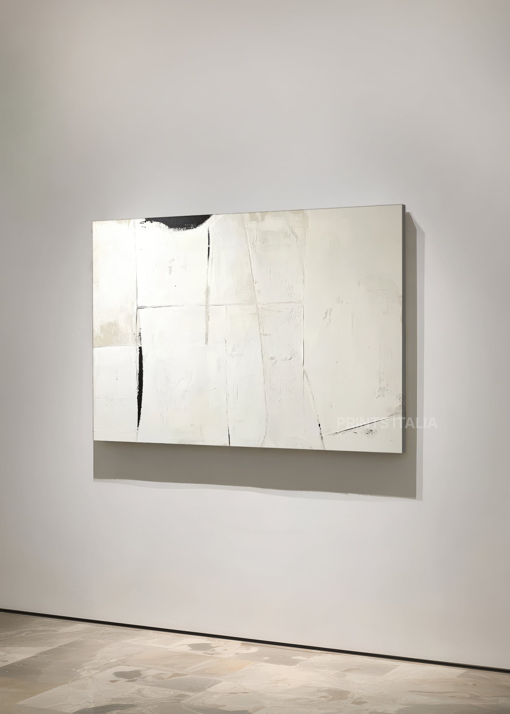 YLA art print featuring serene white minimalism, soft gradients, and understated geometric marks, set against a neutral wall
