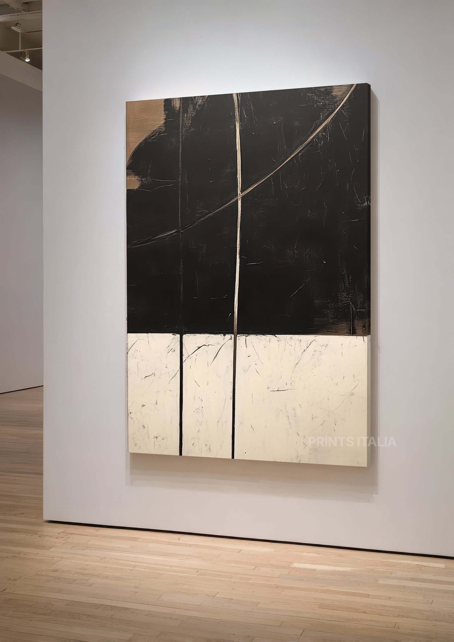 JAVYA print displayed in a contemporary gallery, highlighting its geometric contrast and linear accents