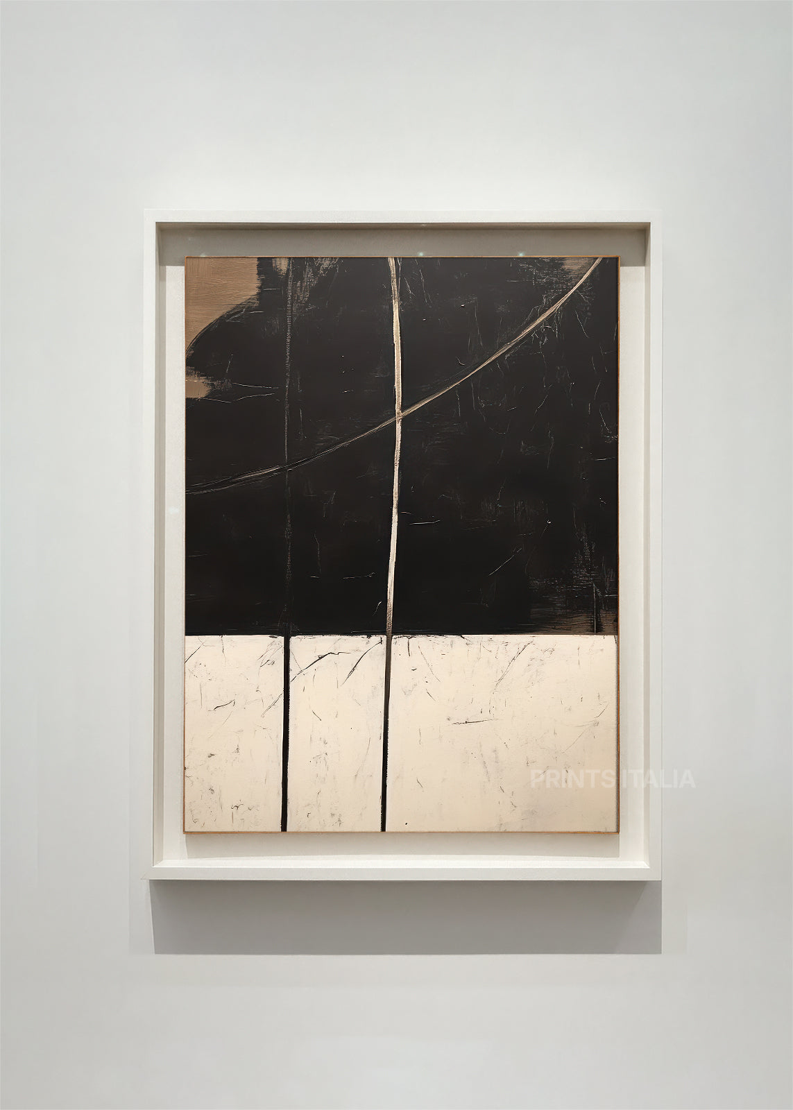 JAVYA abstract art print framed – japandi black and ivory fields divided by fine vertical lines