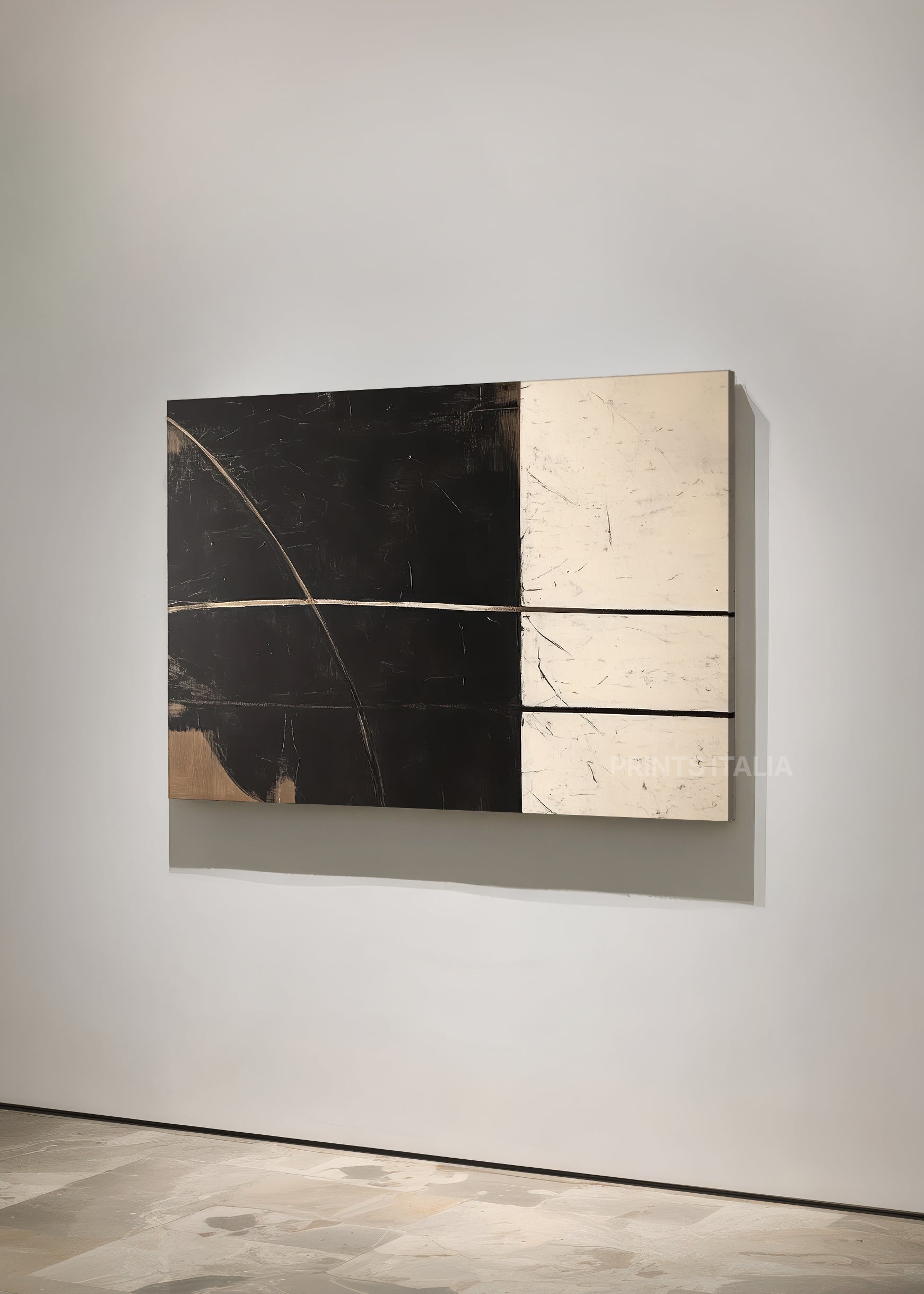 JAVYA abstract print styled in a minimalist space, emphasizing its strong black and ivory composition with subtle surface detail