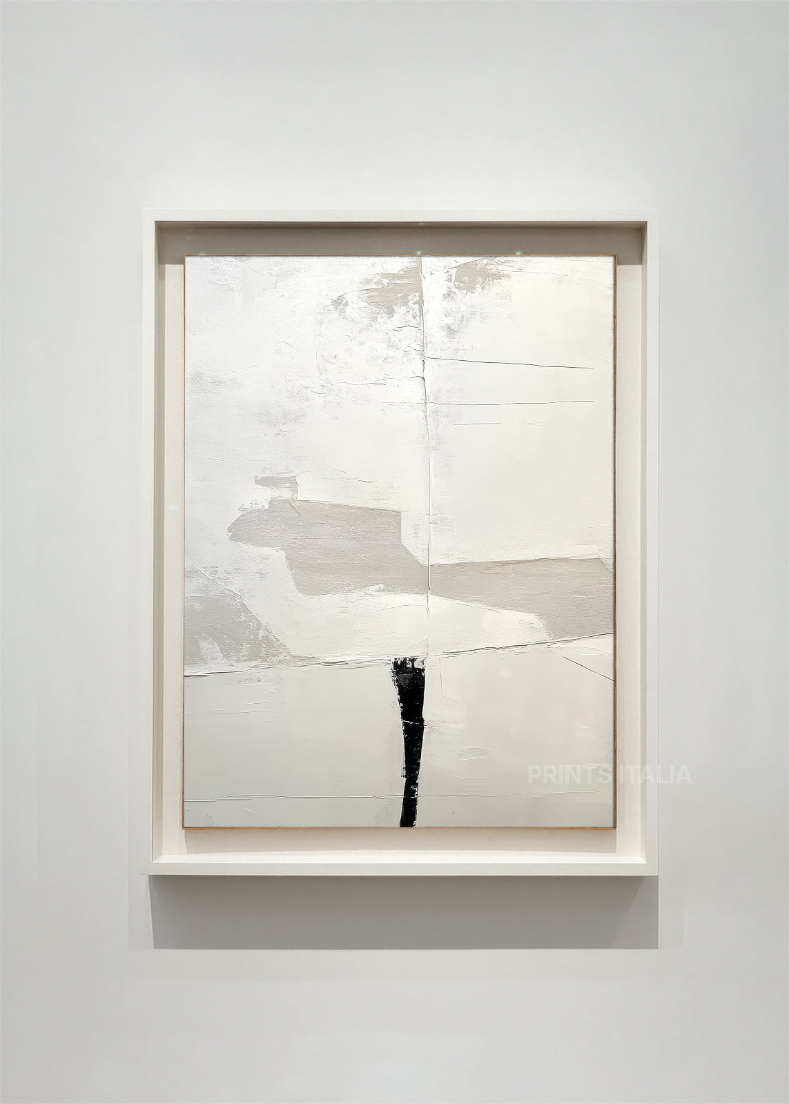 JHAELIN abstract art print framed – layered white and soft grey planes anchored by a single bold black mark