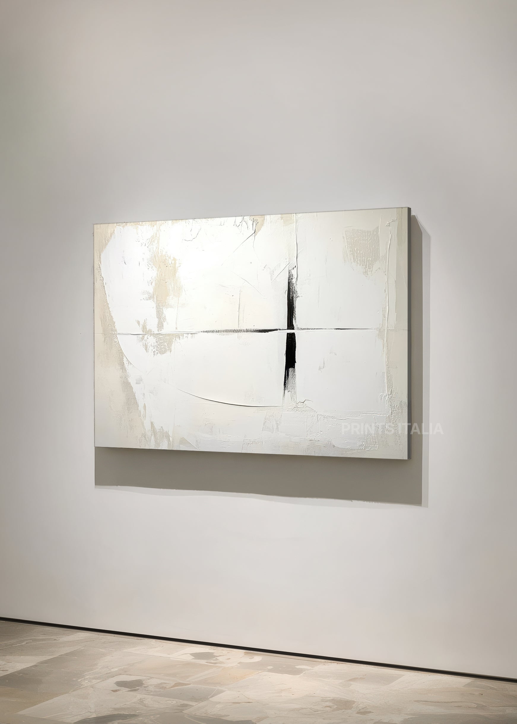 Angled view of KAEN abstract print – meditative modern composition with subtle linear elements on cream background