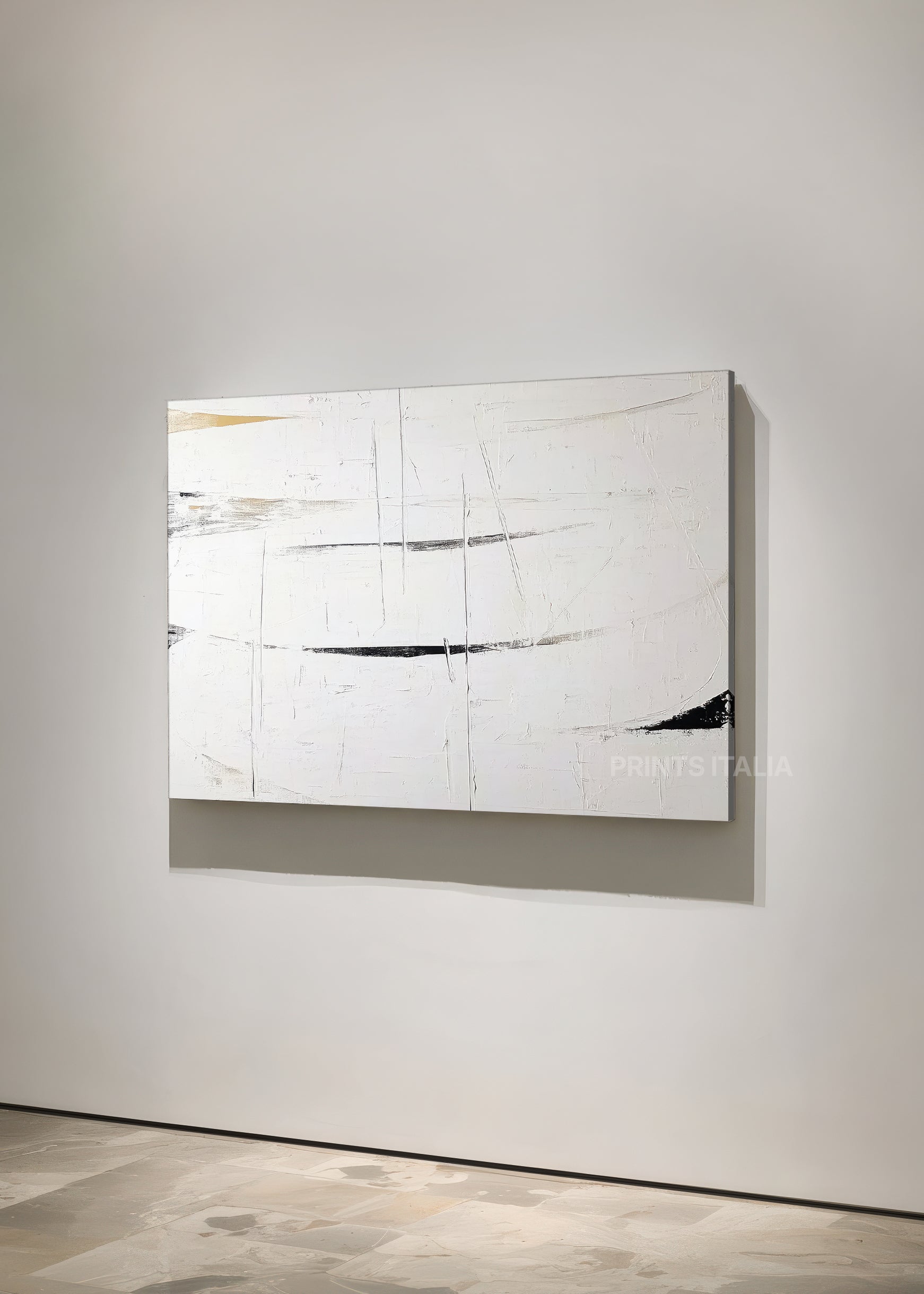 subtle abstract white art print with delicate grid structures and minimal charcoal accents