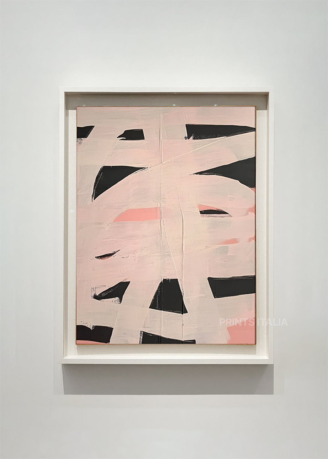 KALON – framed minimalist abstract art print with blush pink layers and bold black brushstrokes, displayed in a contemporary gallery