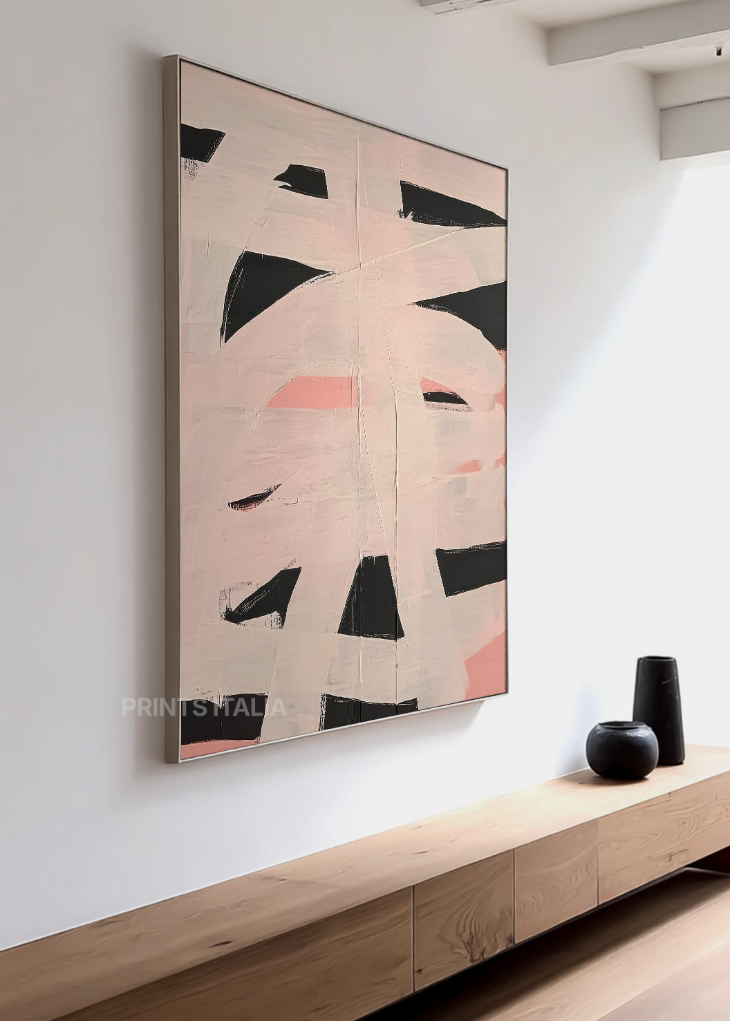 Close-up of KALON print showing layered blush and pink fields, expressive black marks, and tactile brushwork