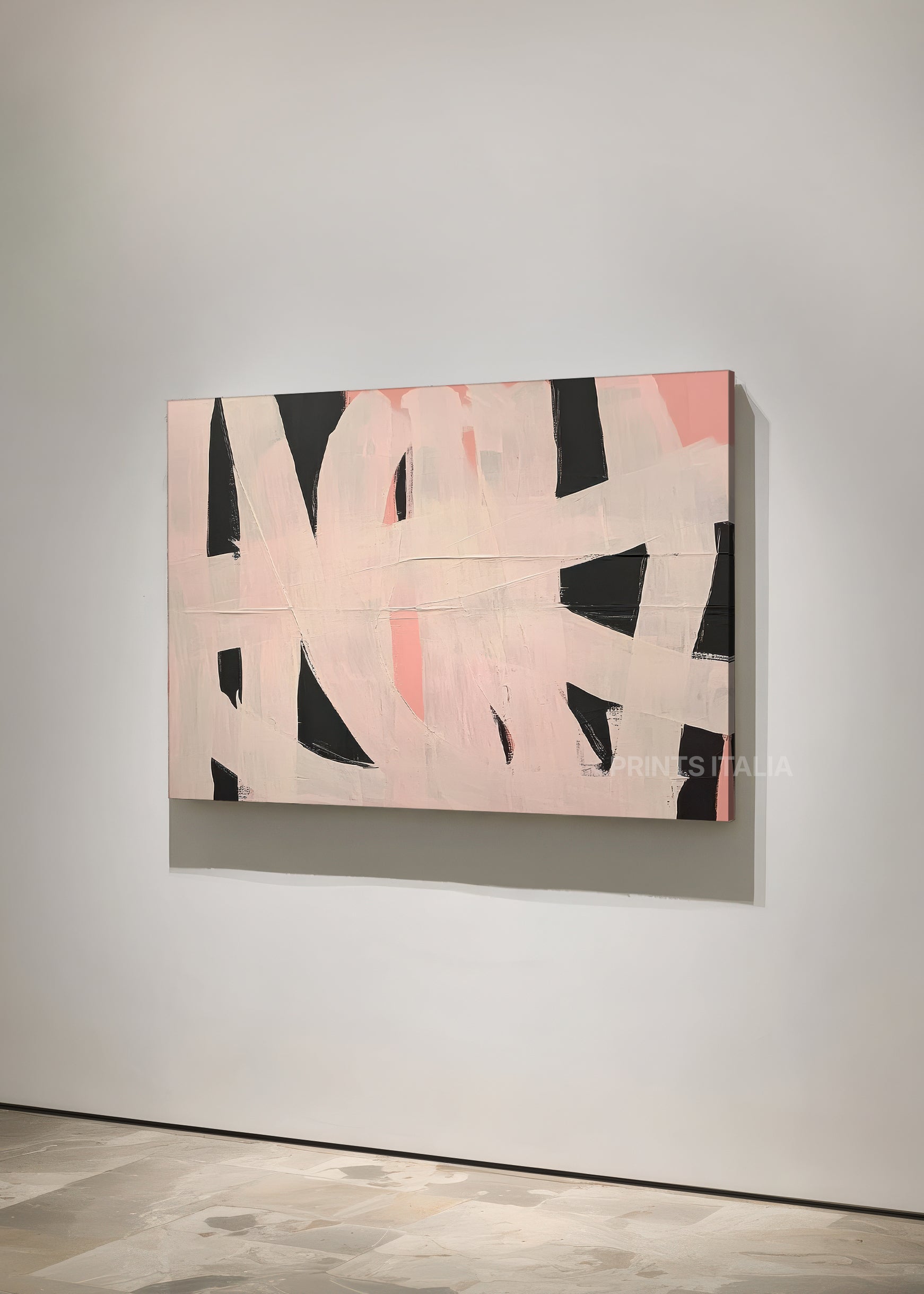 Unframed KALON art print featuring minimalist blush and black composition, bold gestural forms, and organic textures, leaning against a soft neutral wall