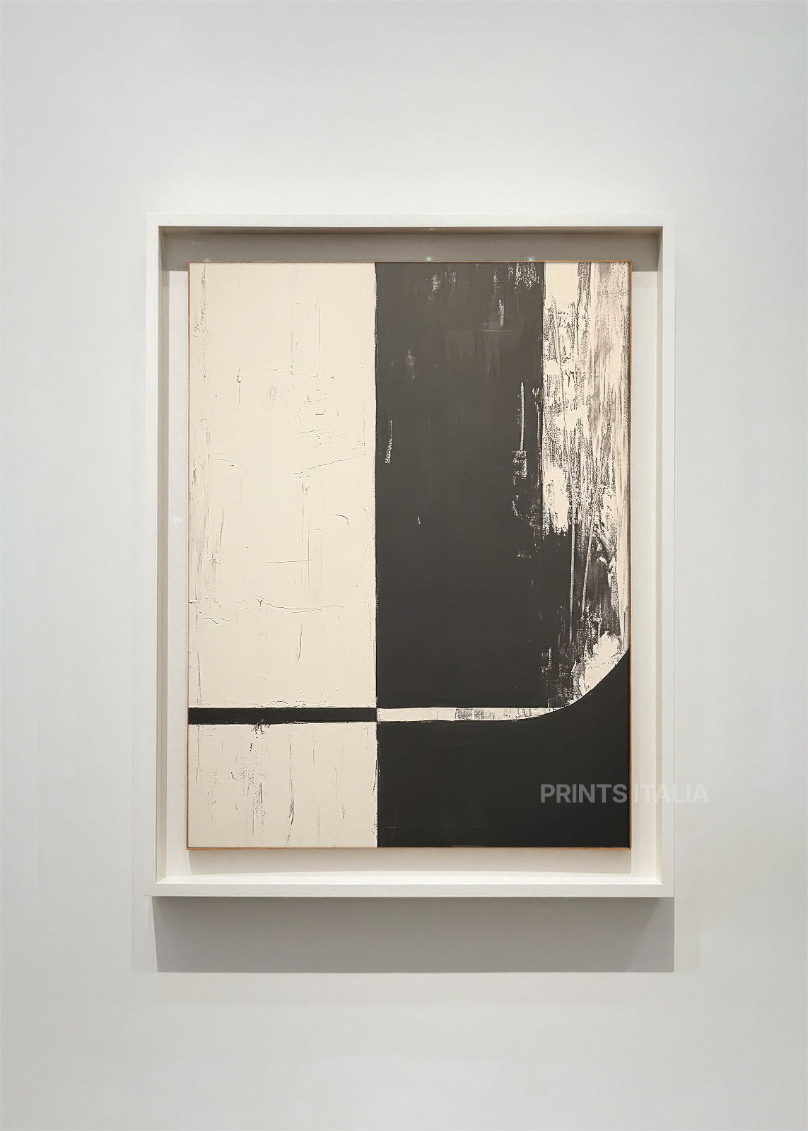 KIVA abstract art print framed – bold geometric blocks in deep charcoal and cream with textured architectural composition