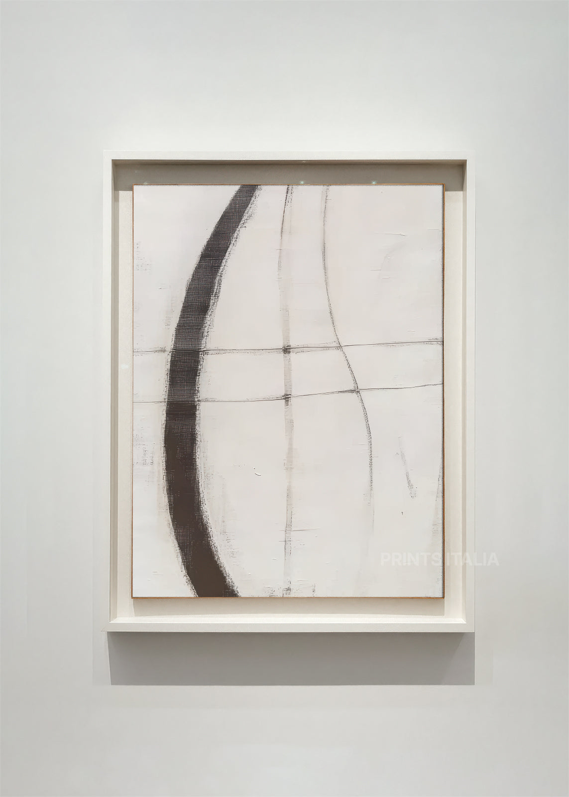 KIVAE abstract print – framed minimalist artwork with curved graphite arc and faint linear grid on white background
