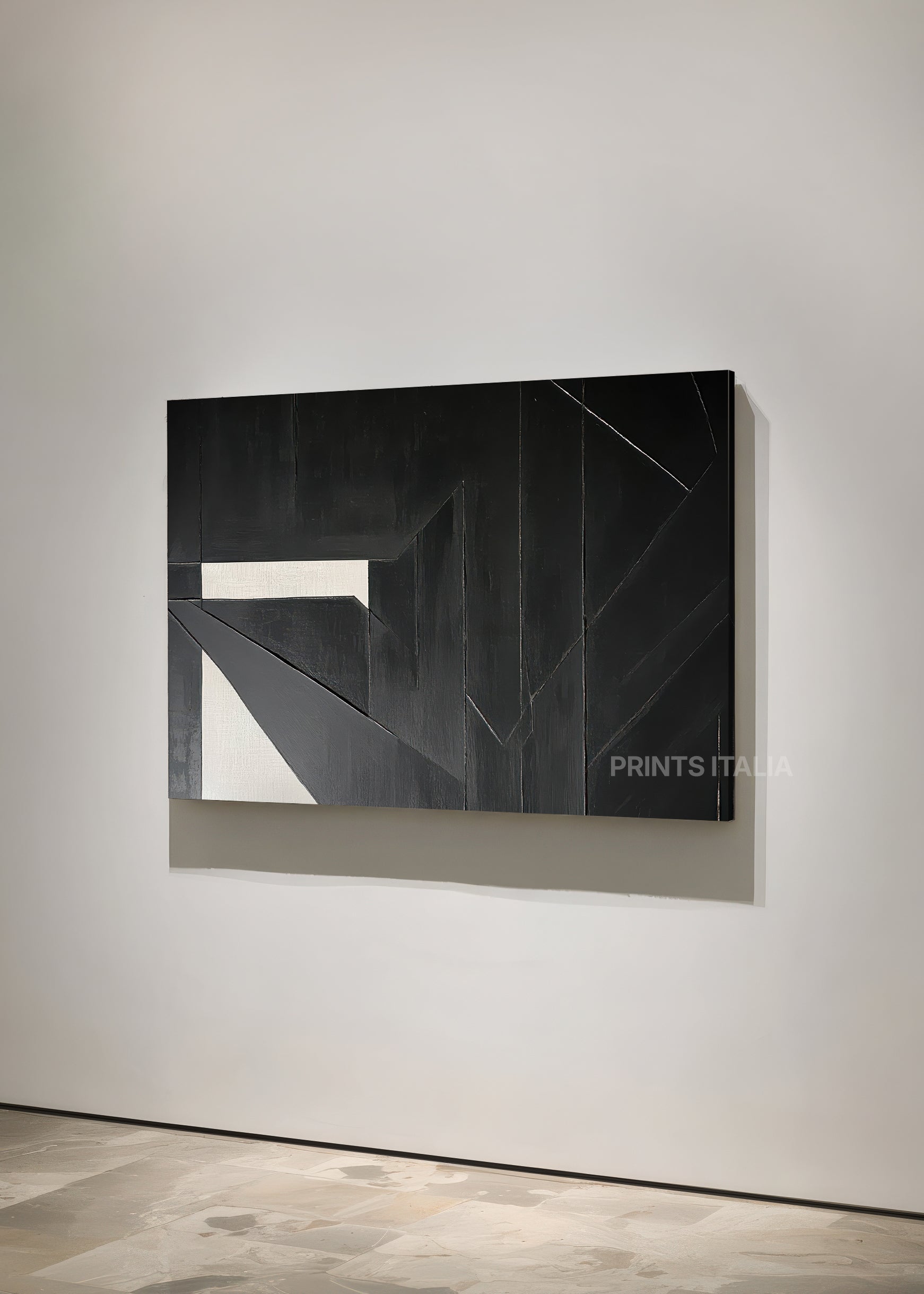 KIYORA abstract print styled in a modern interior, emphasizing its geometric depth and striking monochrome palette