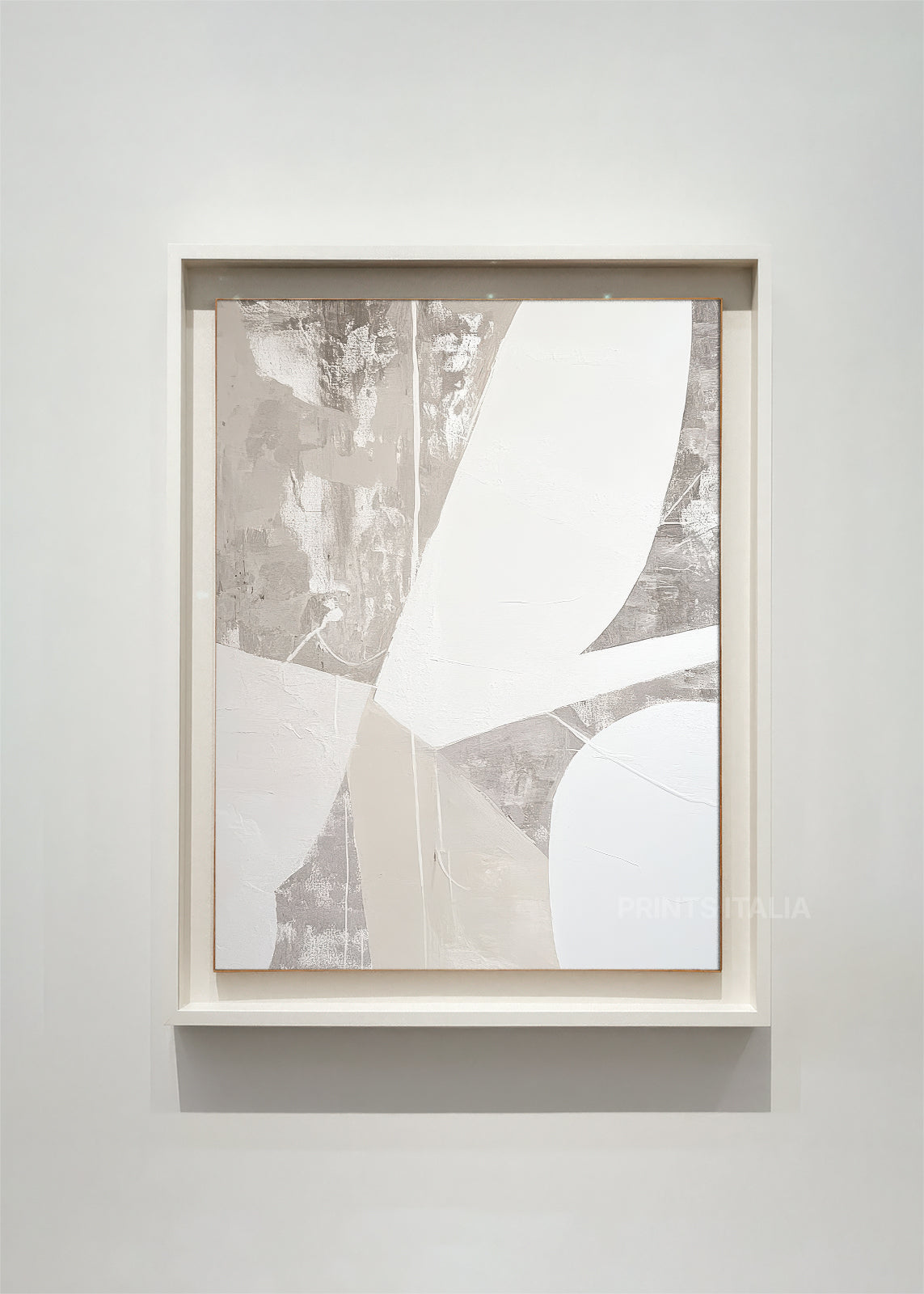 Close-up detail of Leela geometric artwork showing layered textures and intersecting angular forms in neutral color palette