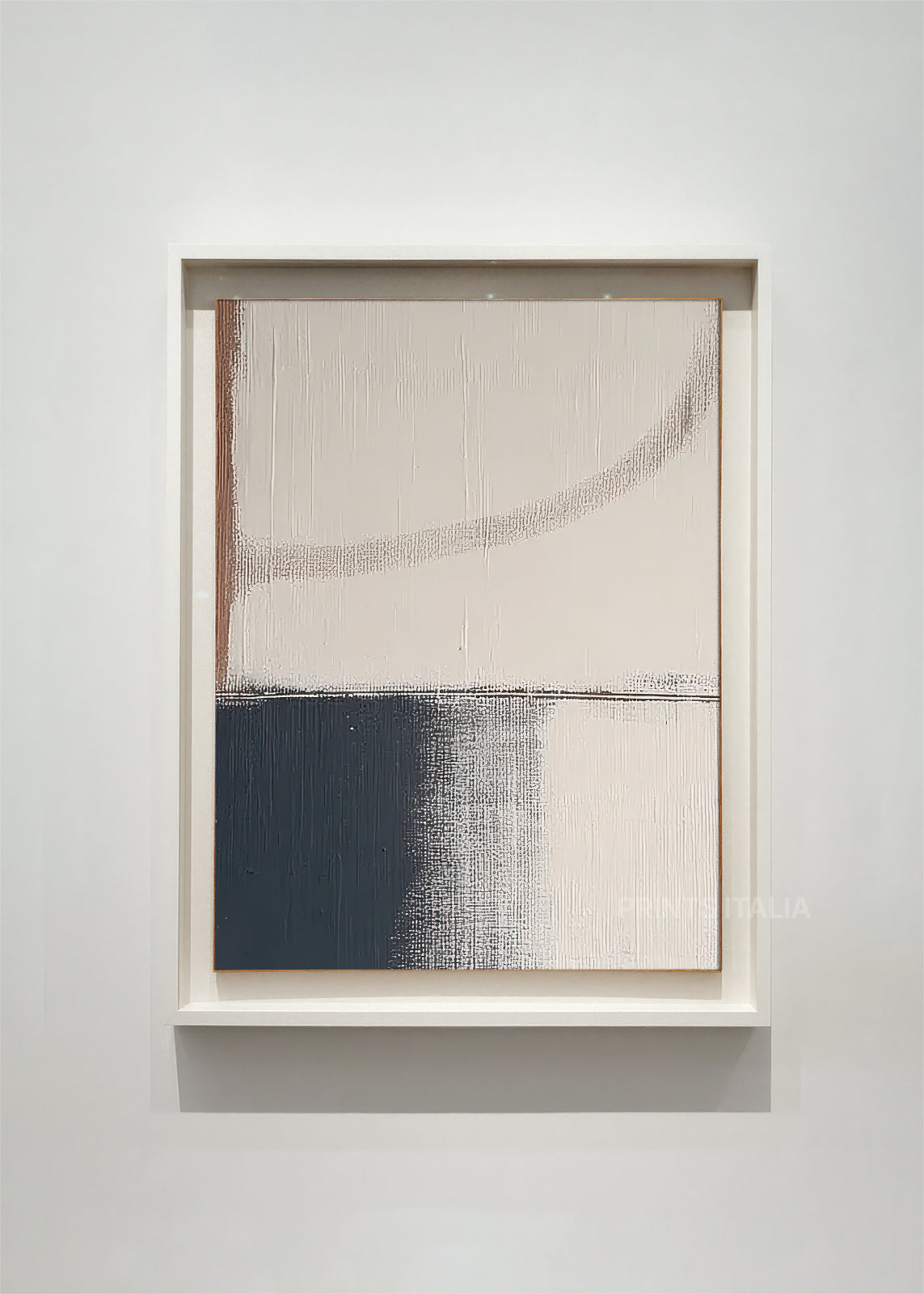  LEIRA abstract art print framed – soft neutral tones with midnight blue and gentle arched line