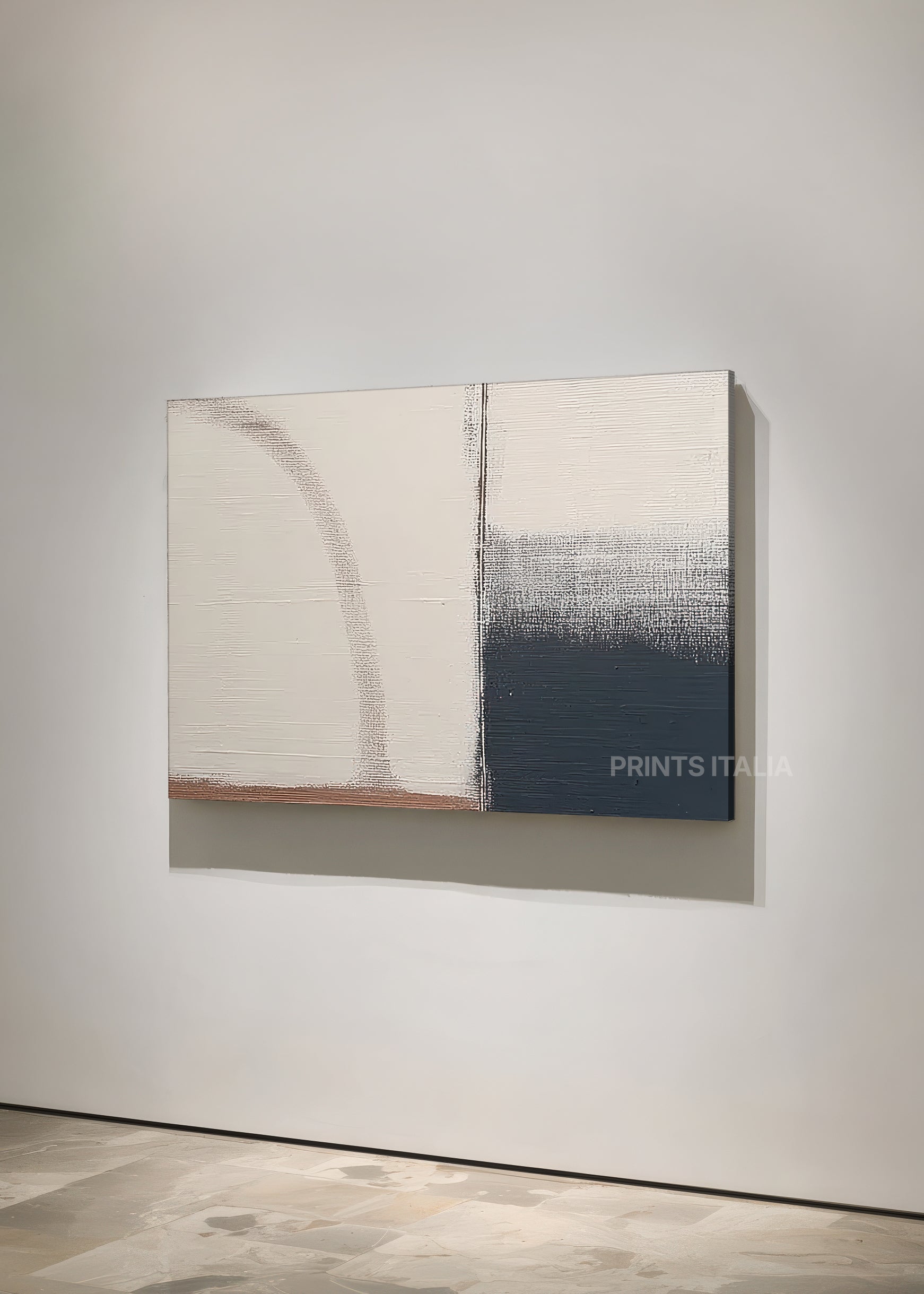 Angled view of LEIRA abstract print – modern composition with deep blue and warm minimal tones