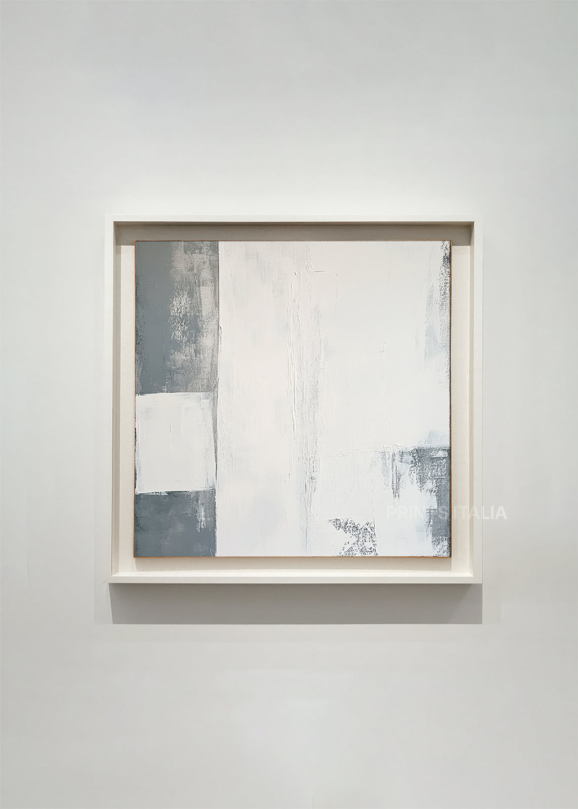 LINEA – framed minimalist geometric abstract art print with crisp white, gray, and charcoal blocks, displayed in a modern gallery setting