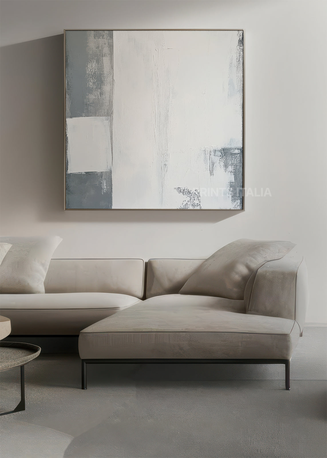 LINEA art print featuring minimalist geometric lines and tonal blocks, leaning against a clean architectural wall for a serene, modern look