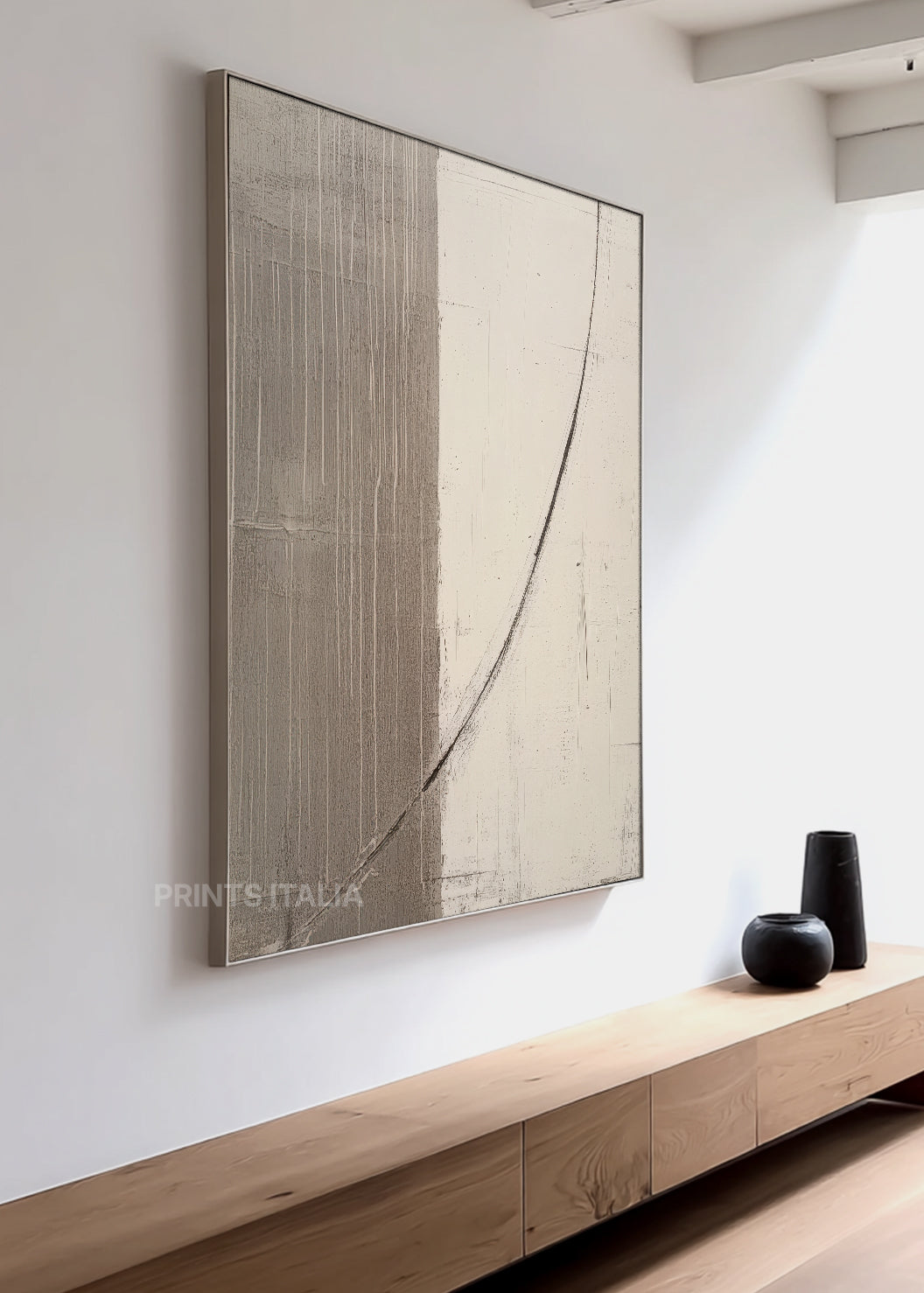 Close-up of LIRVAE print showing layered taupe and cream surfaces, bold graphite arc, and subtle vertical line textures