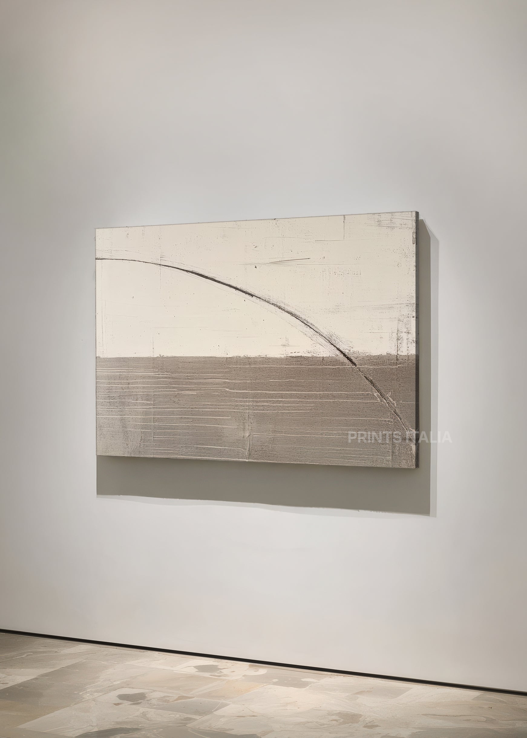 Unframed LIRVAE art print featuring minimalist taupe and cream composition, dynamic graphite curve, and gentle surface texture, leaning against a soft neutral wall