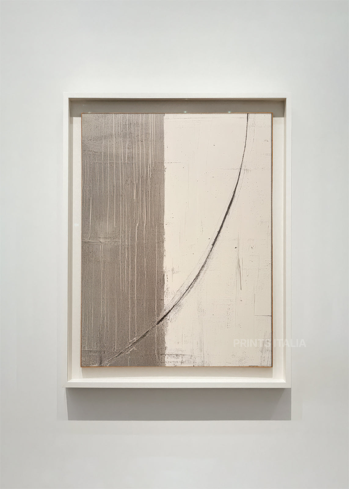 LIRVAE – framed minimalist abstract art print with taupe and cream fields, sweeping graphite arc, and fine vertical textures, displayed in a modern gallery