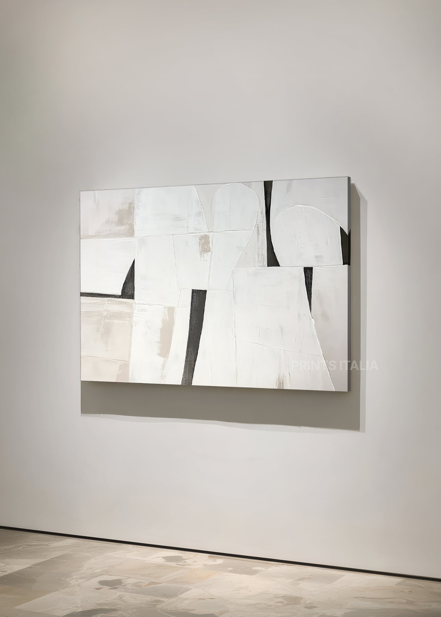 LORVEN abstract print styled in a calm, modern space, emphasizing its clean lines and subtle tonal shifts
