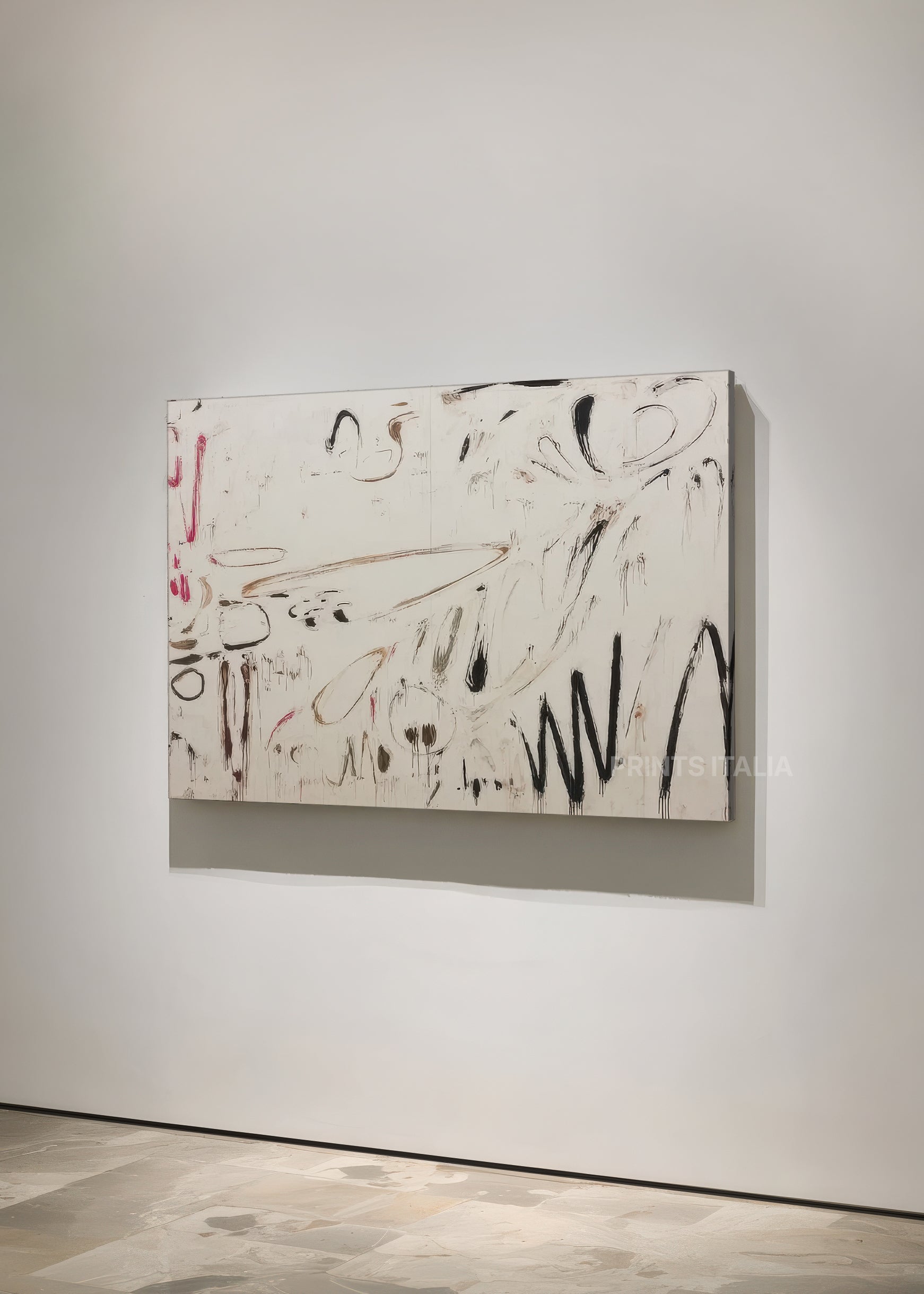 Angled view of LUARI abstract print – lively modern composition with expressive charcoal and pink gestural marks