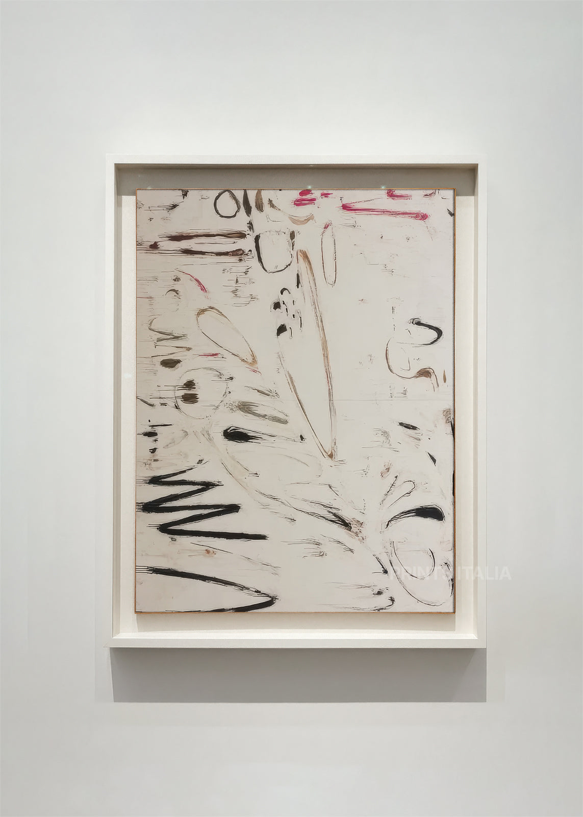 LUARI abstract art print framed – dynamic gestural marks in charcoal with pink accents on cream background