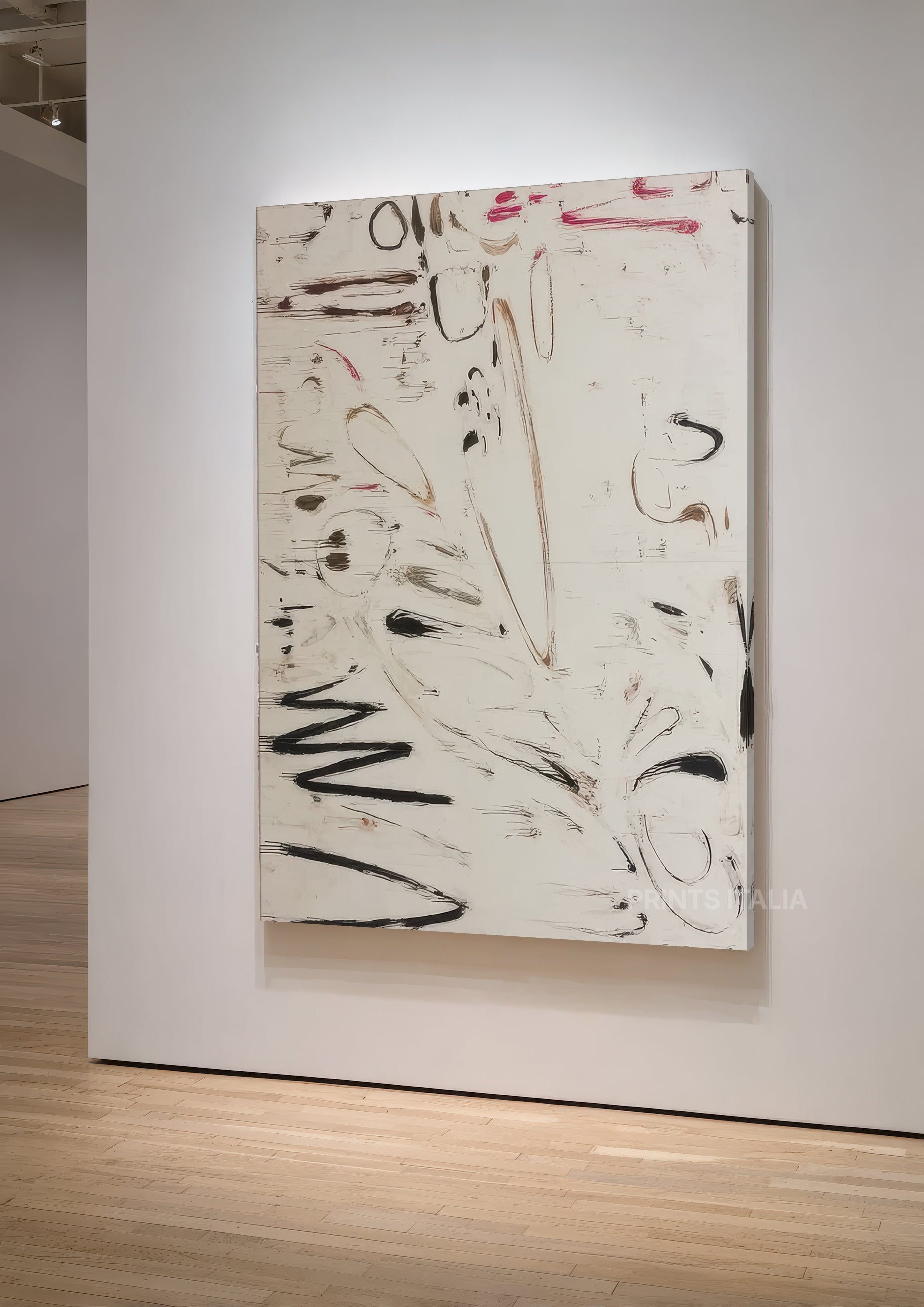 Close-up of LUARI print showing spontaneous charcoal brushwork with delicate pink accents and flowing energy