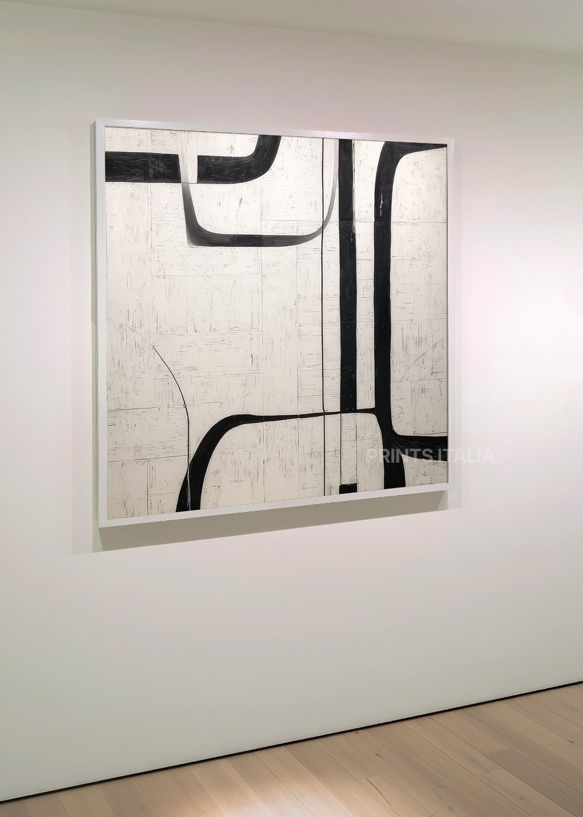 LUCERNE artwork with strong geometric black shapes over a soft white canvas