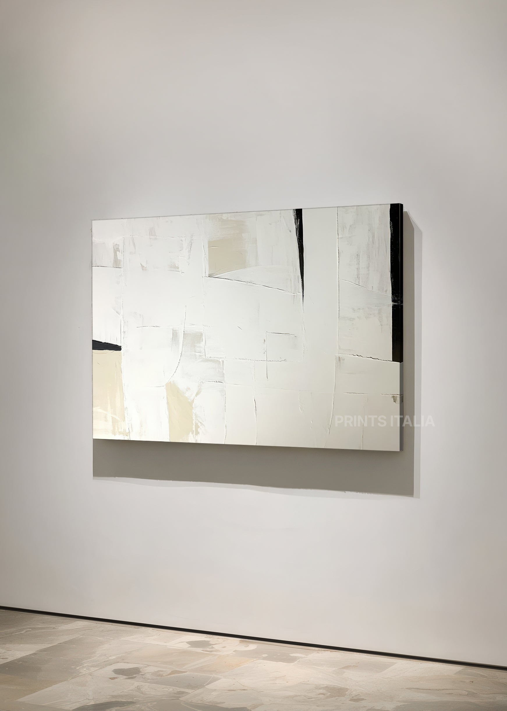 Angled view of LUNAI abstract print – elegant modern composition with layered cream and beige geometric forms