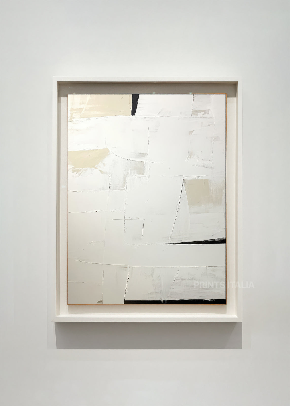 LUNAI abstract art print framed – layered geometric forms in cream and beige with subtle dark accents and architectural elements