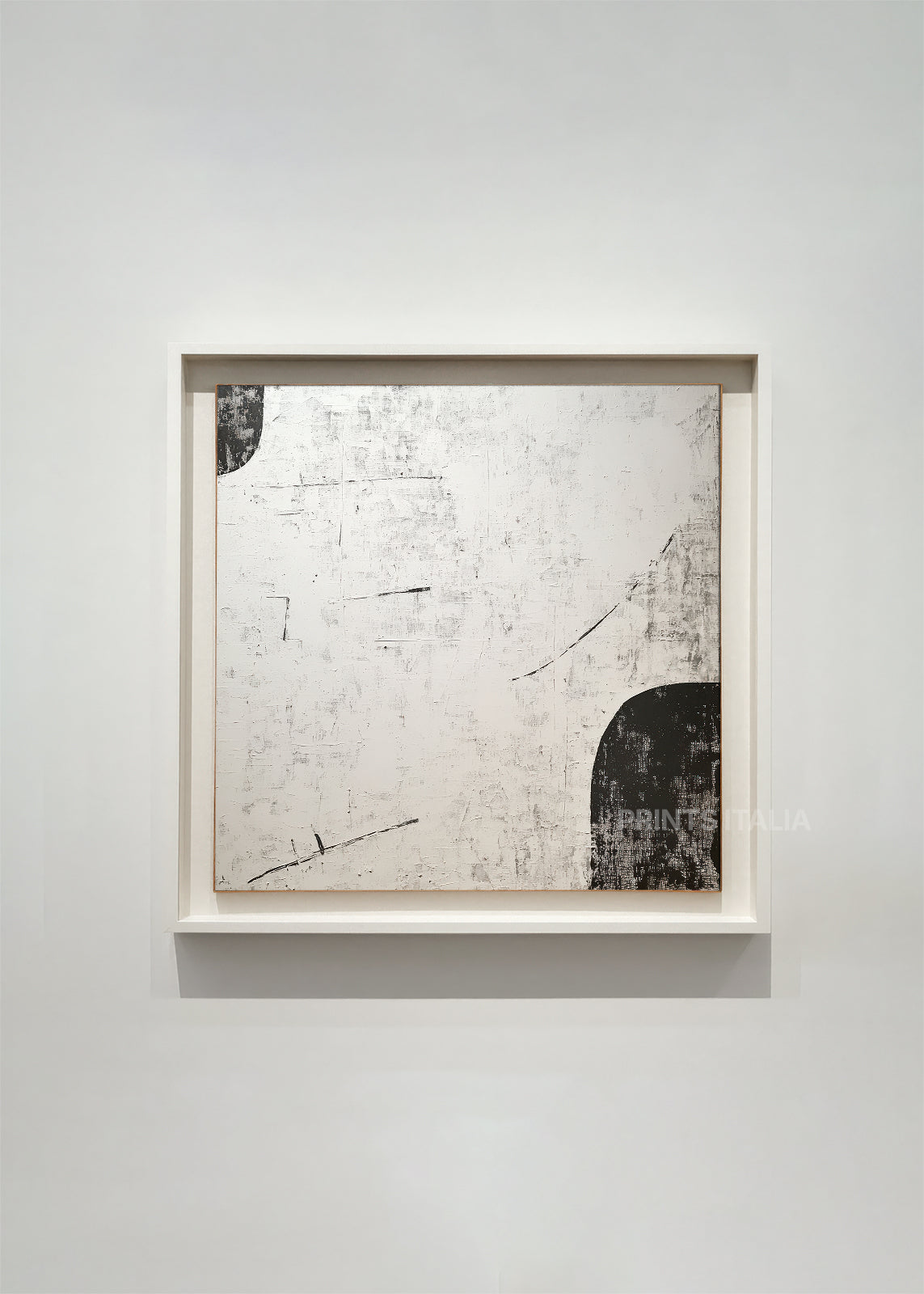 LUNERA abstract art print framed – textured white field with bold black corners and fine linear marks