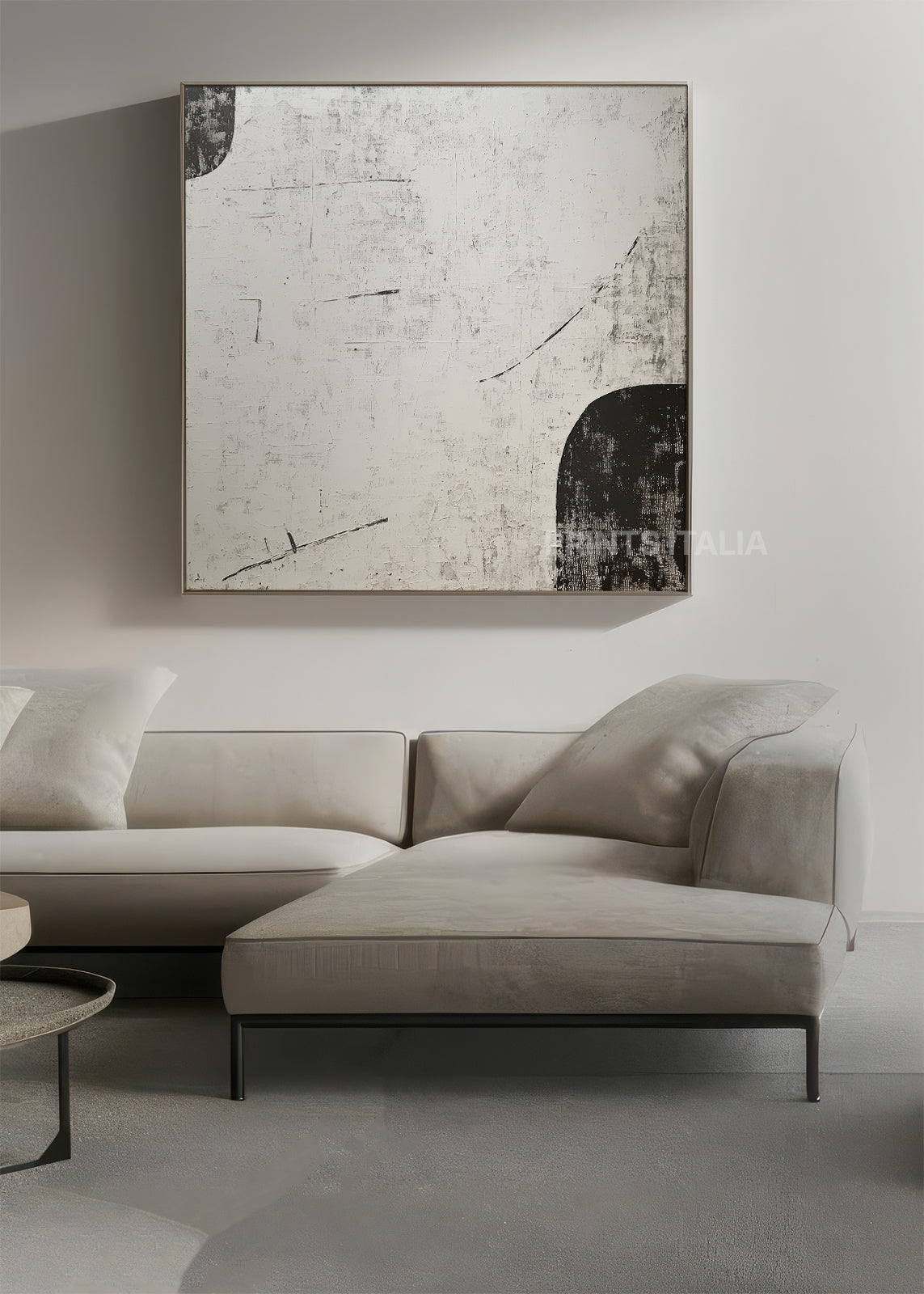 LUNERA abstract print styled in a serene, modern space, emphasizing its quiet balance and subtle distressing