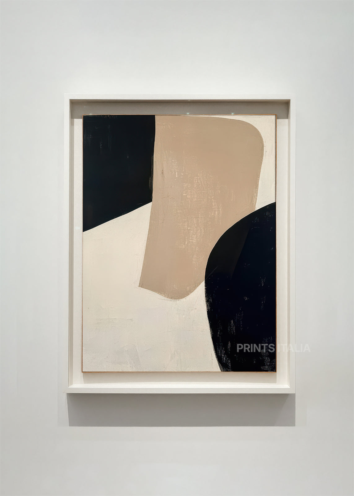 LUNESSA abstract art print framed – bold black forms with soft beige curve on white background