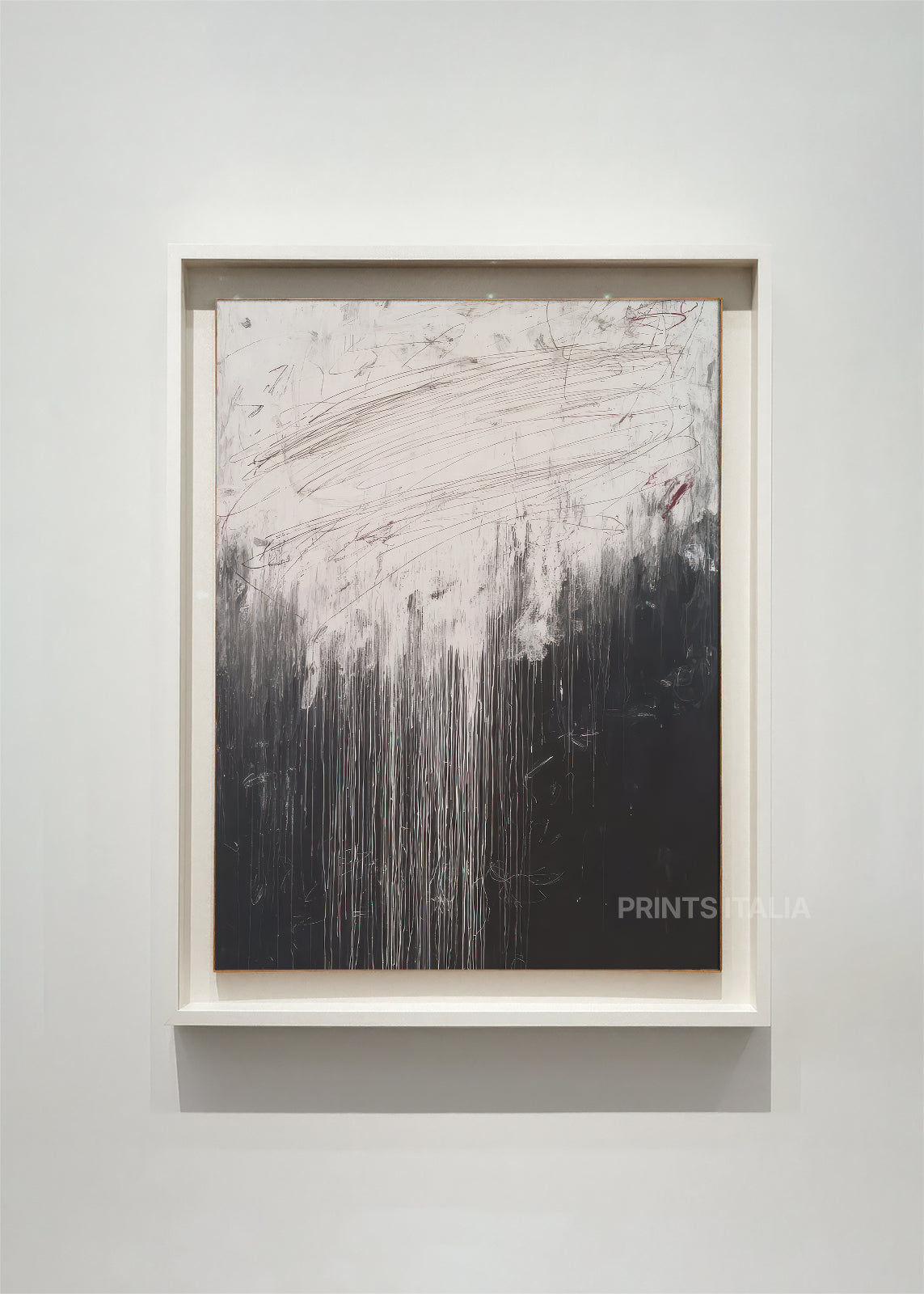 MAELI abstract art print framed – expressive white brushwork over deep black with dynamic drips