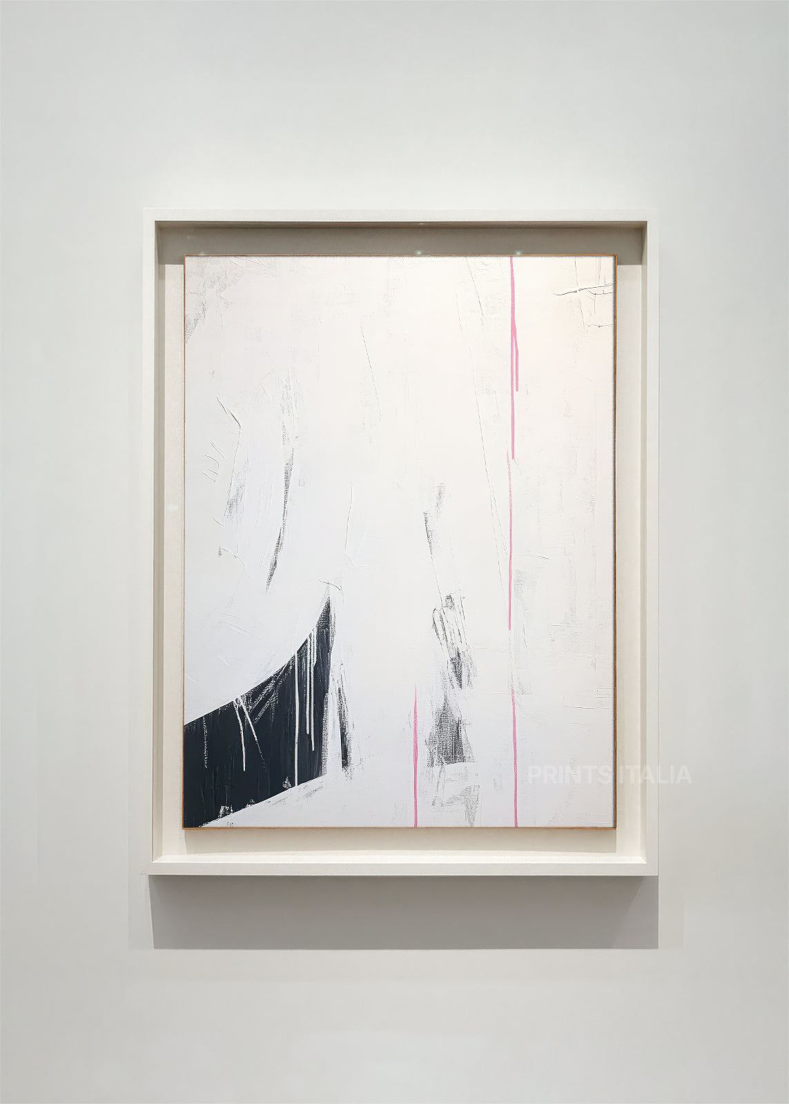 MARUIN – framed minimalist abstract art print with bold black stripes, crisp white fields, and fine vertical lines, displayed in a modern gallery