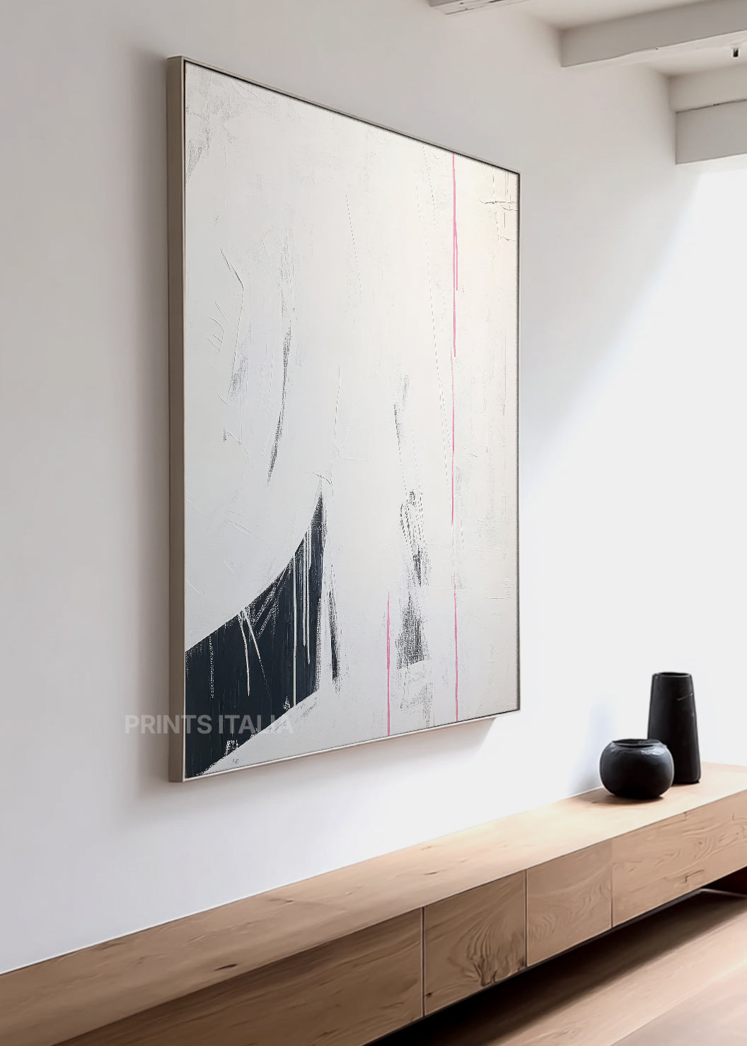 Unframed MARUIN art print featuring minimalist black and white composition, bold stripes, and subtle texture, leaning against a soft neutral wall