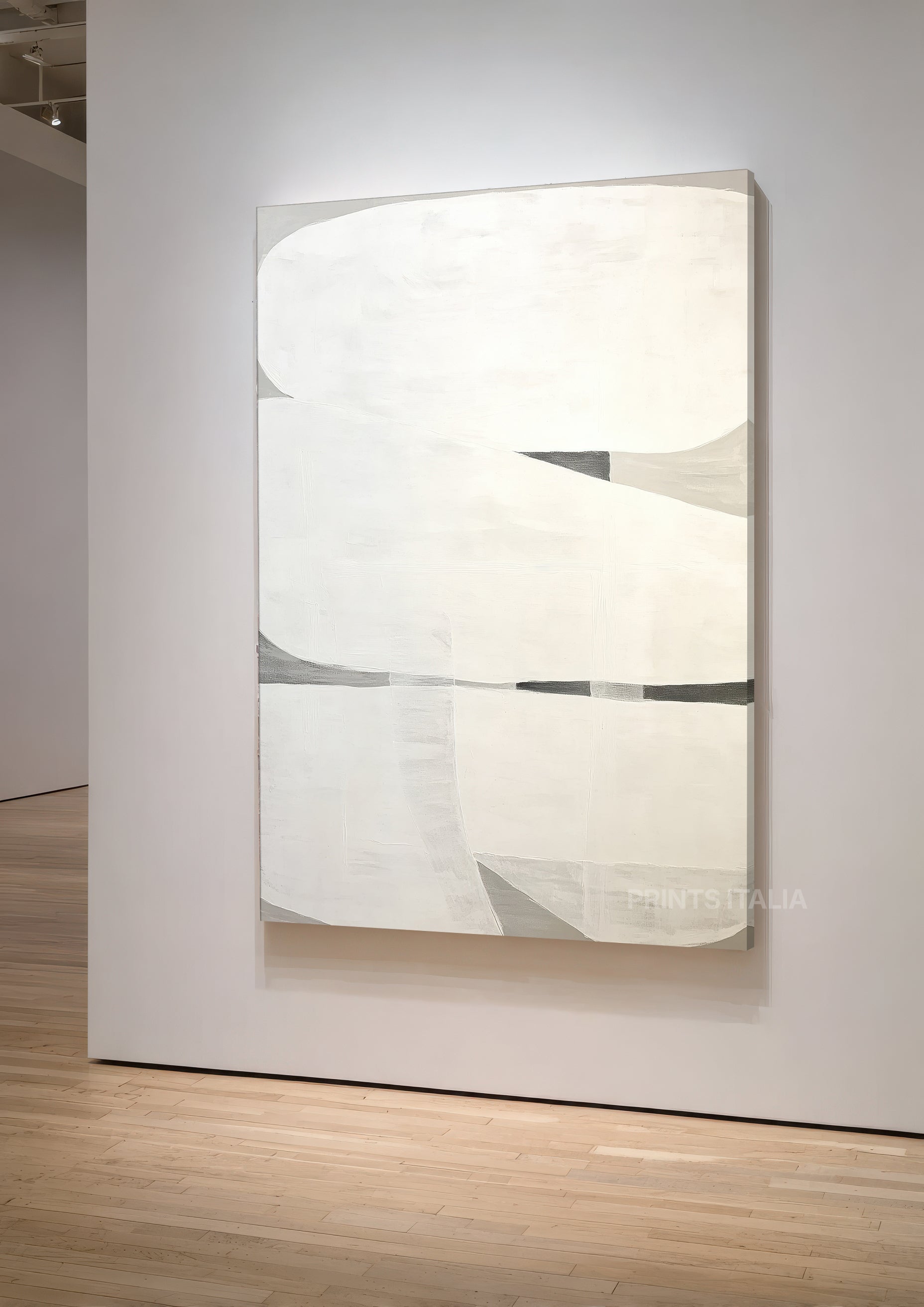 Maya abstract print featuring organic curves and geometric shapes in cream and beige tones, displayed on wall