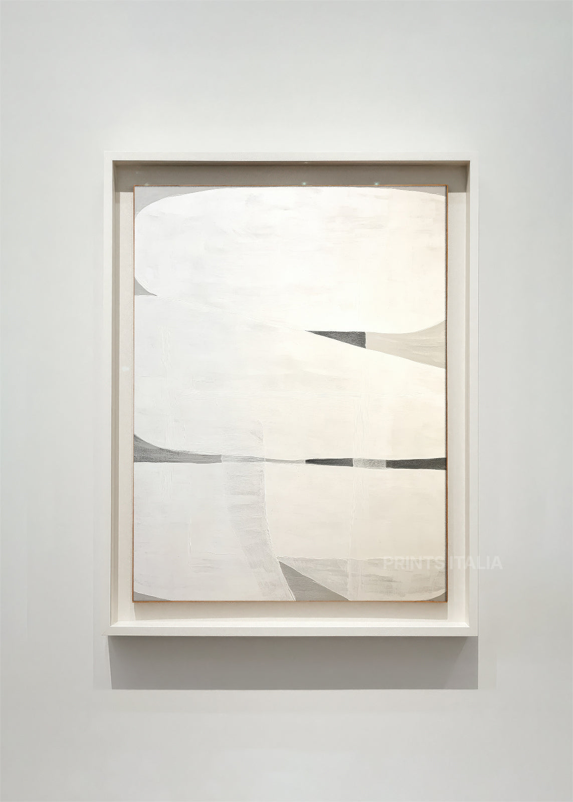 Close-up detail of Maya minimalist artwork showing flowing forms and angular elements in neutral color palette