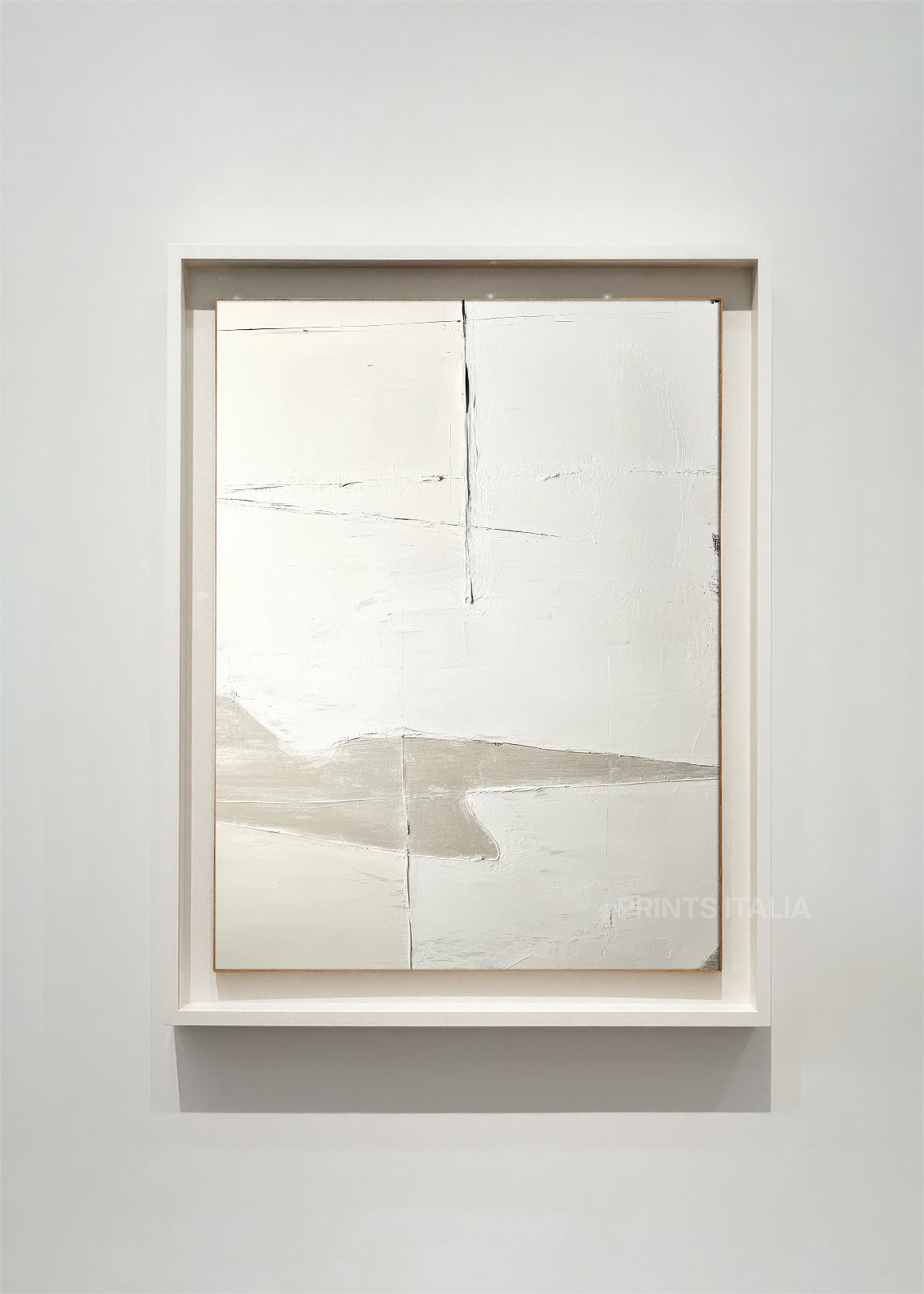 MINAI abstract art print framed – delicate white and grey washes with fine vertical and horizontal lines