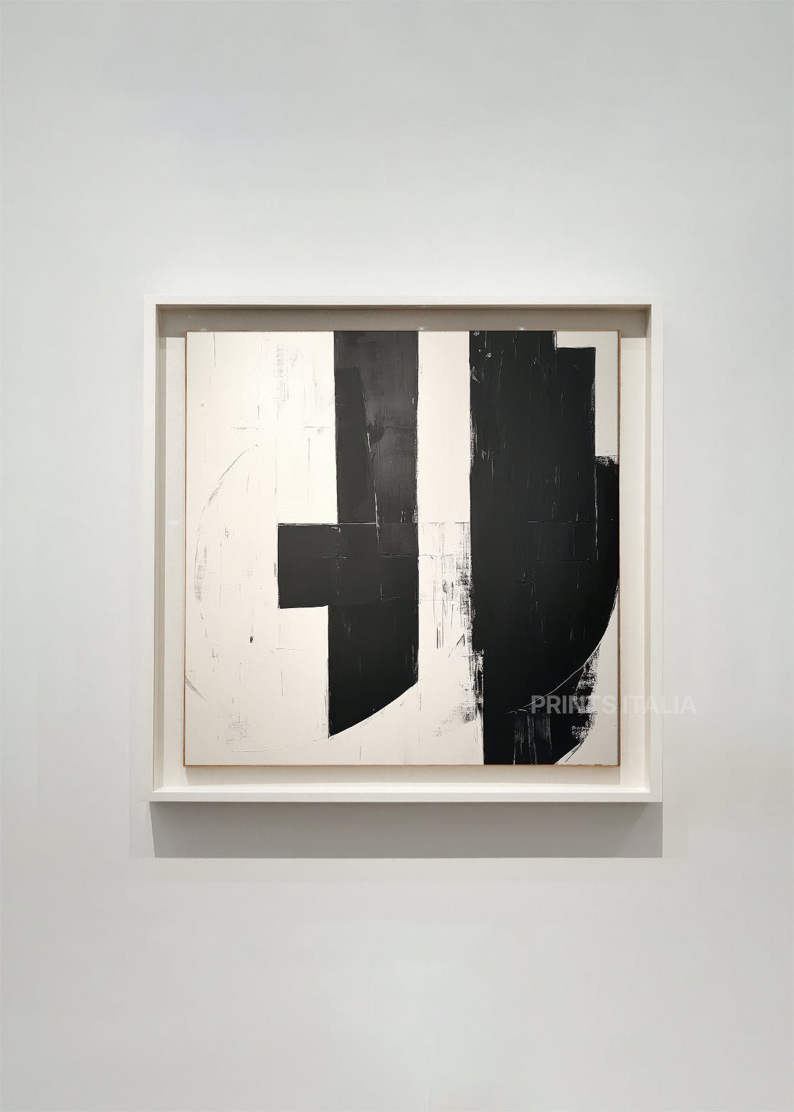 Mira abstract geometric art print featuring bold black and white shapes with curved elements and textured brushwork