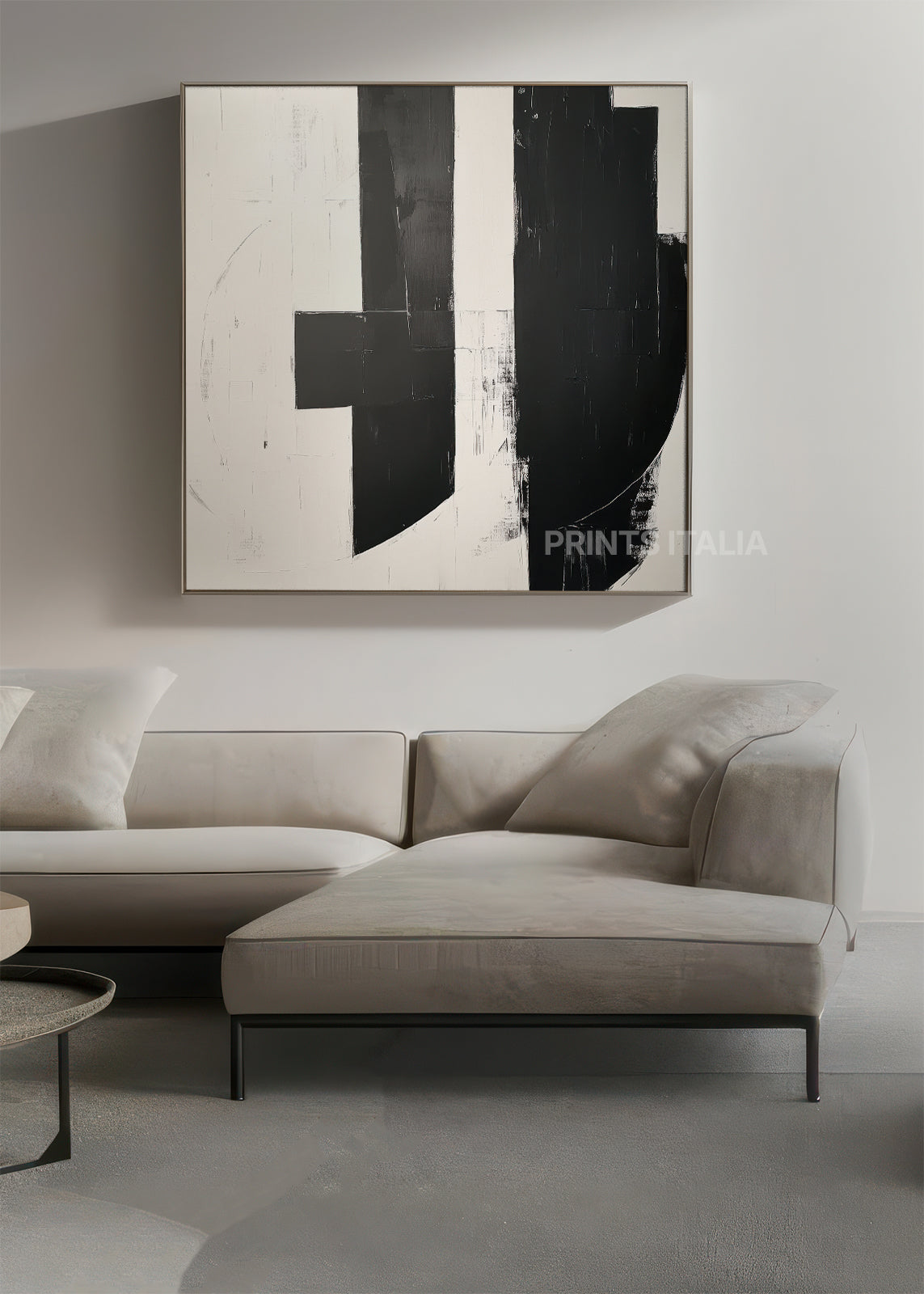 Mira black and white abstract art print displayed in modern living room interior design
