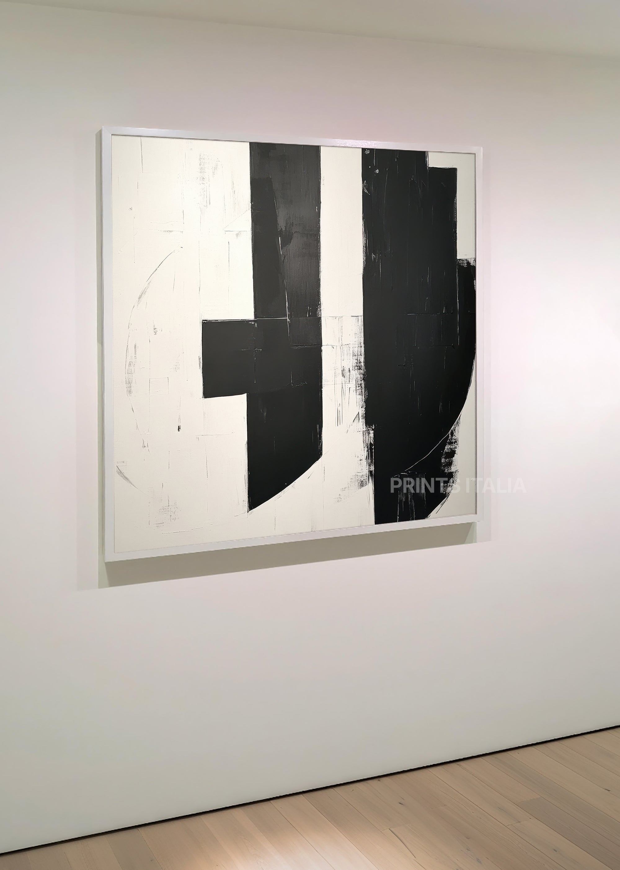 Mira geometric abstract print mounted on wall showing dramatic contrast and architectural composition