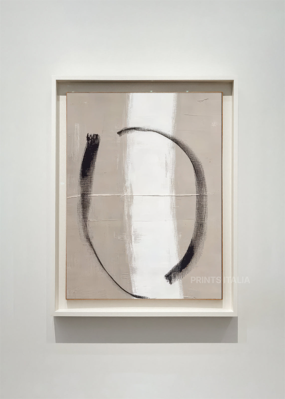 MIRAAN abstract art print framed – sweeping black arc on textured ivory background