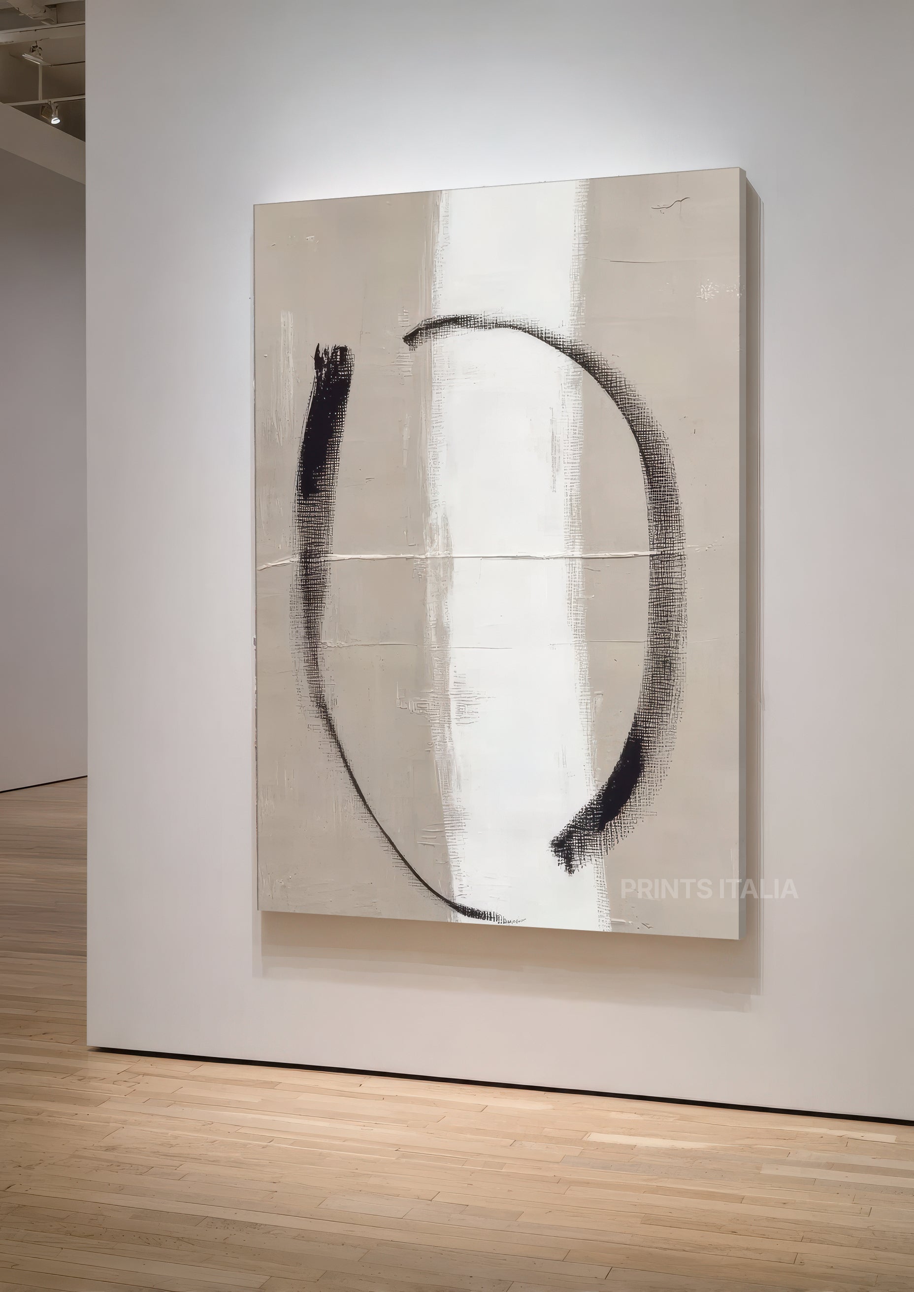 Angled view of MIRAAN abstract print – minimalist black arc with subtle ivory texture