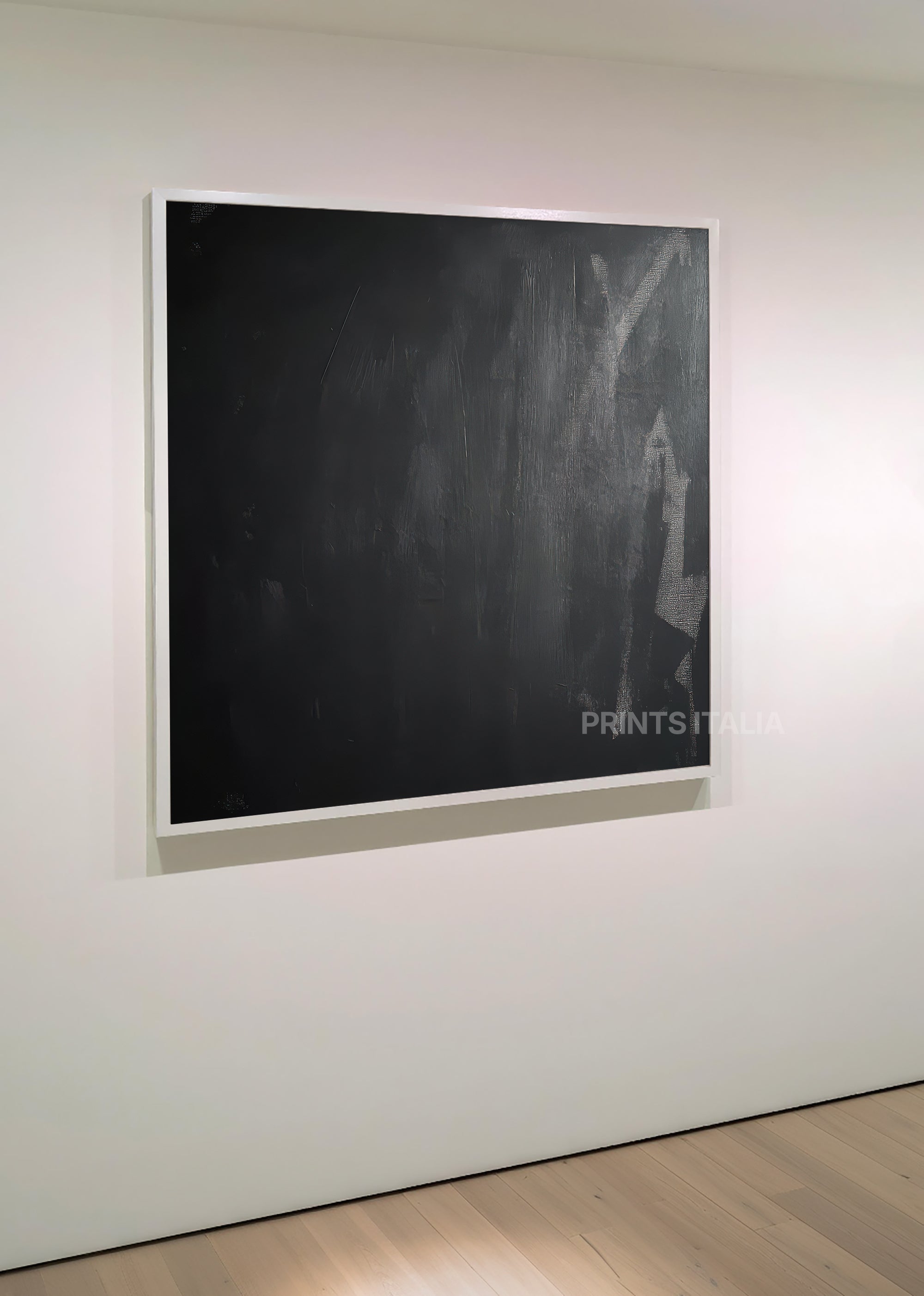 MIRELLE print displayed in a minimalist gallery, highlighting its rich charcoal surface and serene simplicity