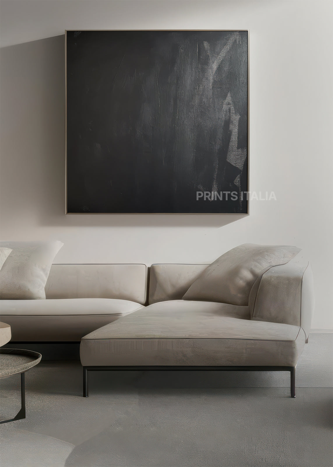 MIRELLE abstract print styled in a calm, modern space, emphasizing its bold monochrome depth