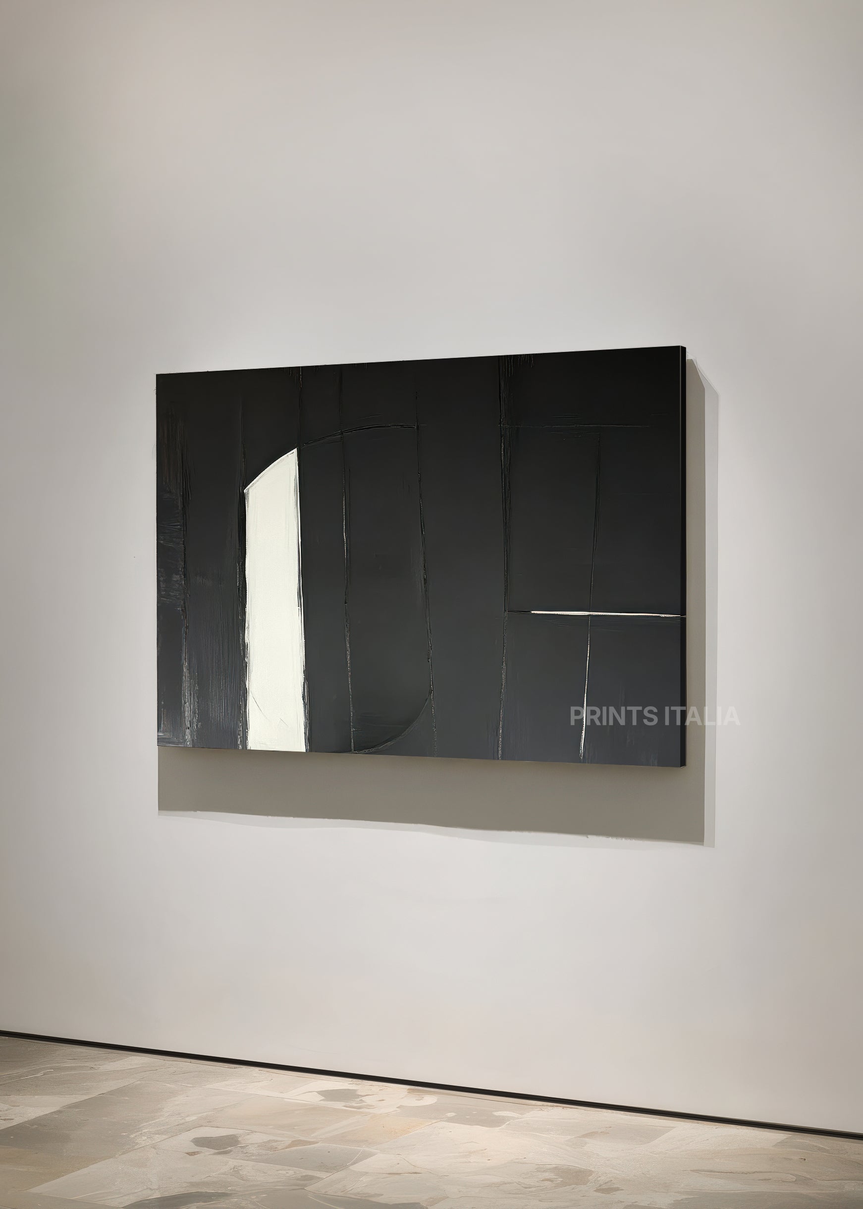 MIREON print displayed in a contemporary gallery, highlighting its sharp off-white accent and graphic black composition