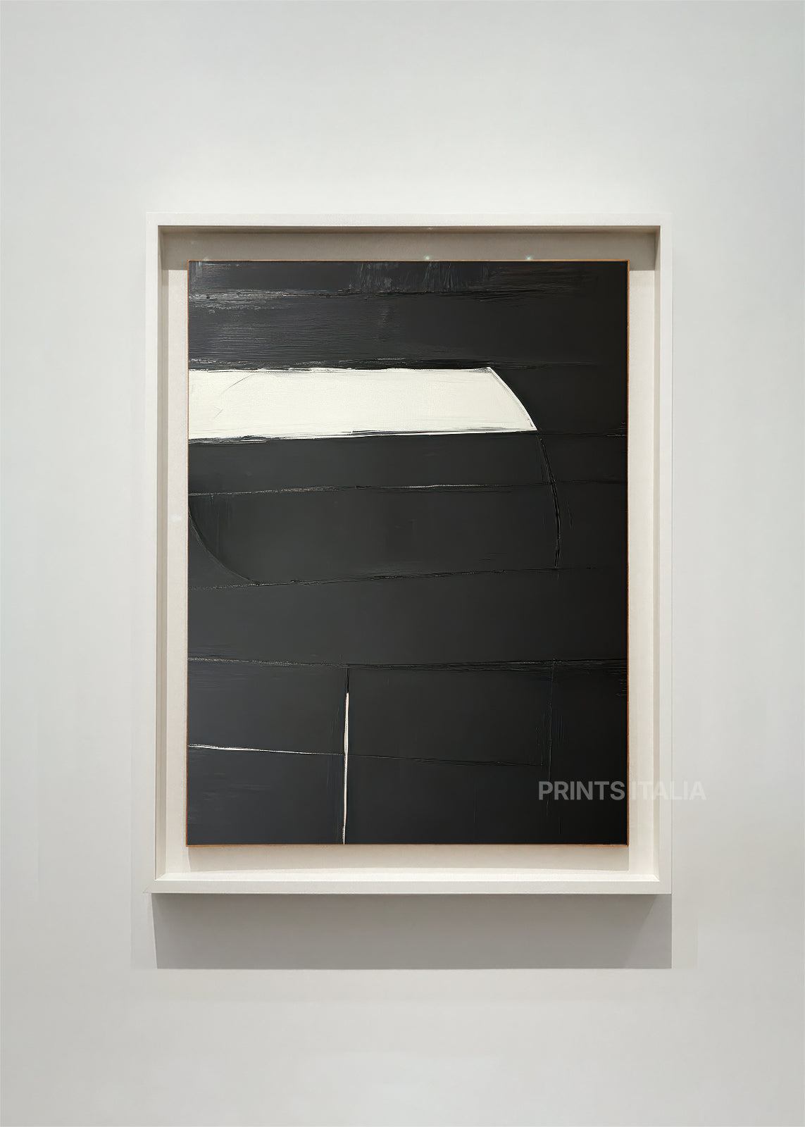 MIREON abstract art print framed – bold off-white band intersecting deep black field with subtle linear marks