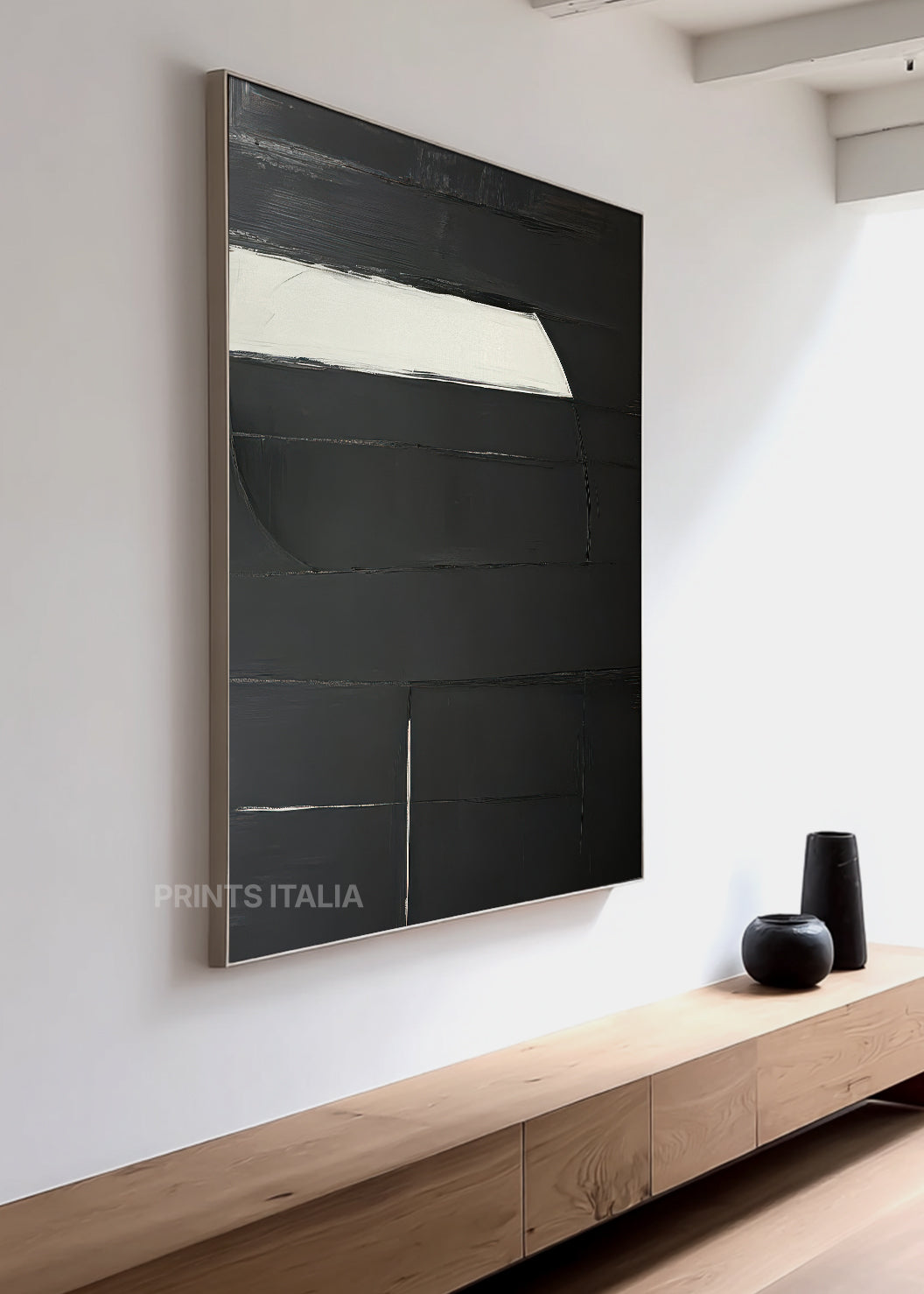 MIREON abstract print styled in a serene, modern space, emphasizing its bold contrast and minimalist geometry
