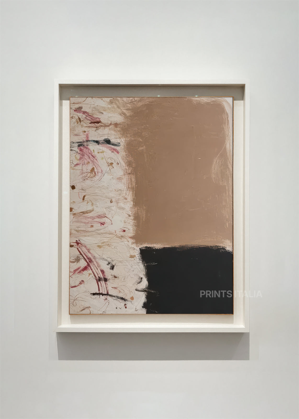 MYRA – framed minimalist abstract art print with bold taupe, black, and cream fields, expressive marks, and layered textures, displayed in a contemporary gallery
