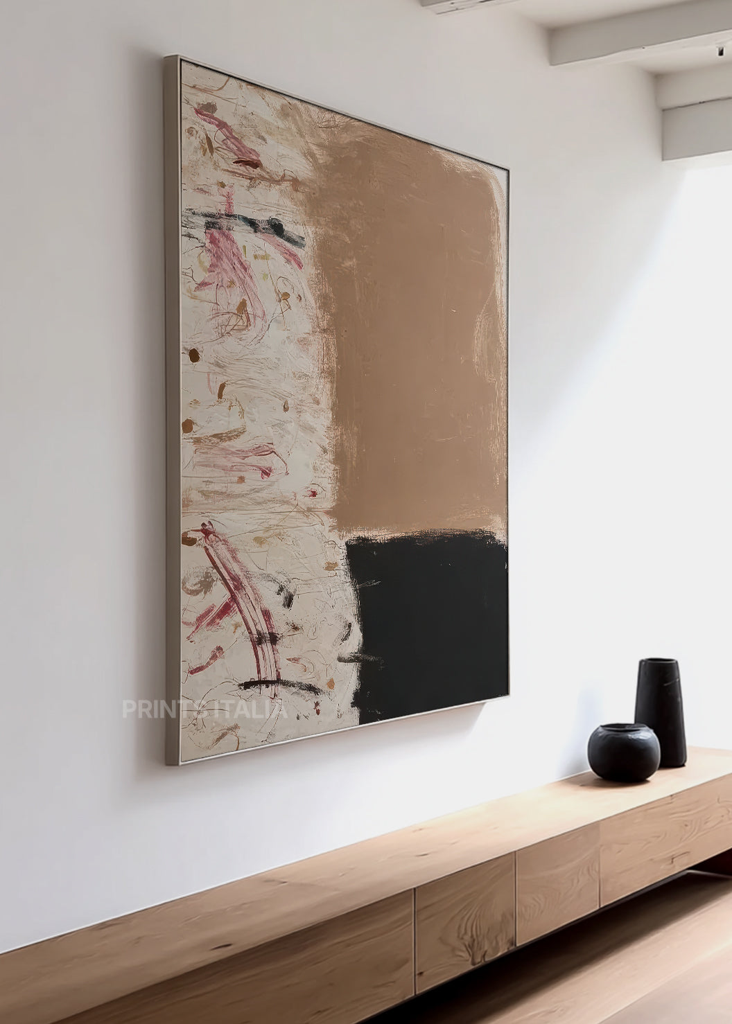 MYRA print showing tactile surface, dynamic brushwork, and the interplay of earthy taupe, inky black, and gestural marks - digital download